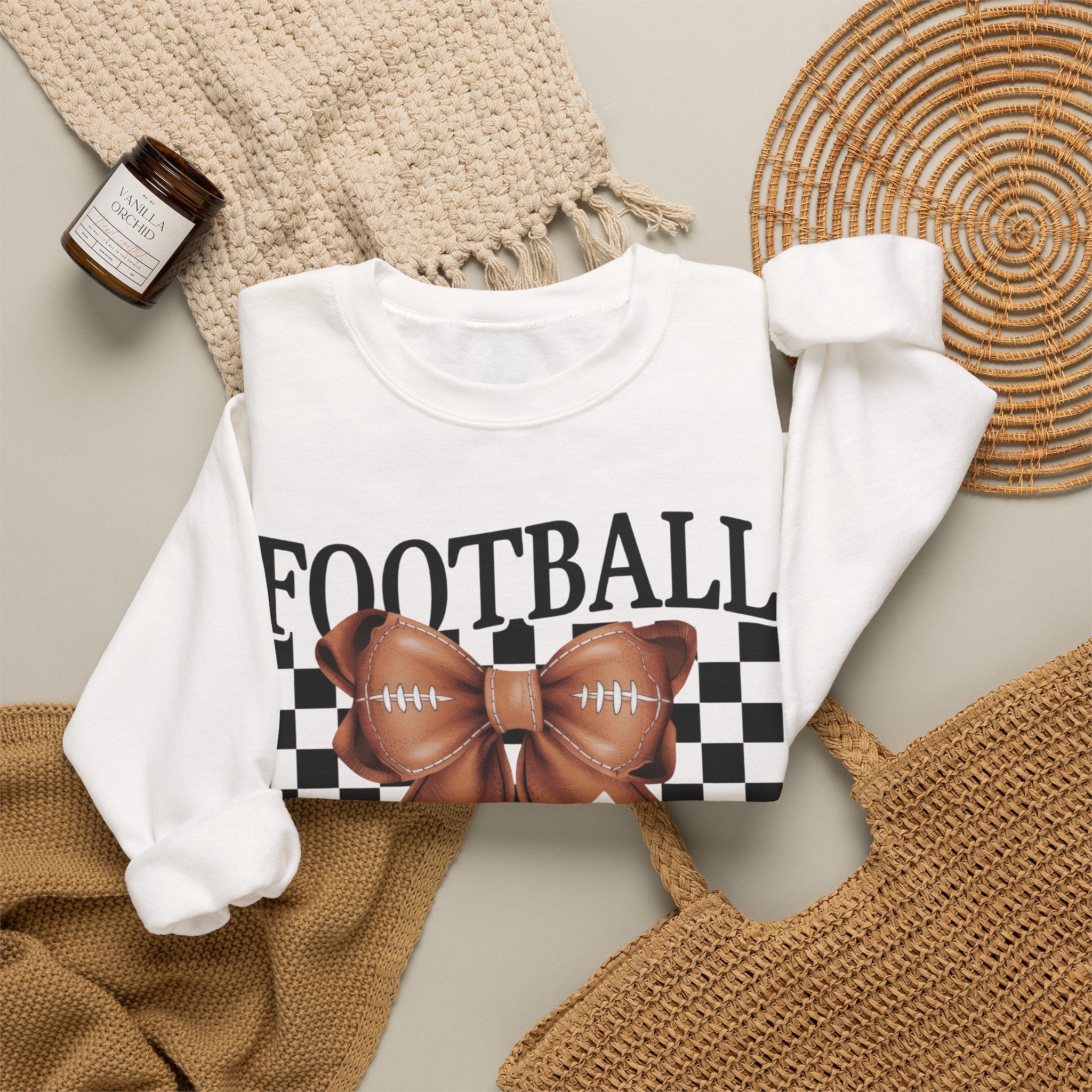 Football Mama Crewneck Sweatshirt — Retro Checkerboard Football Graphic