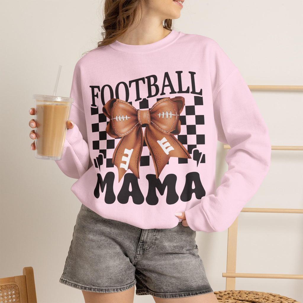 Football Mama Crewneck Sweatshirt — Retro Checkerboard Football Graphic