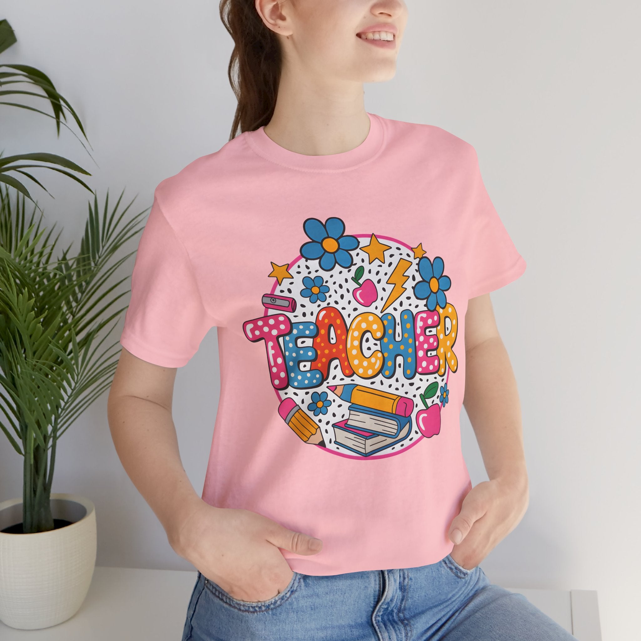 Teacher Doodle Graphic Tee — Colorful School Supplies Design