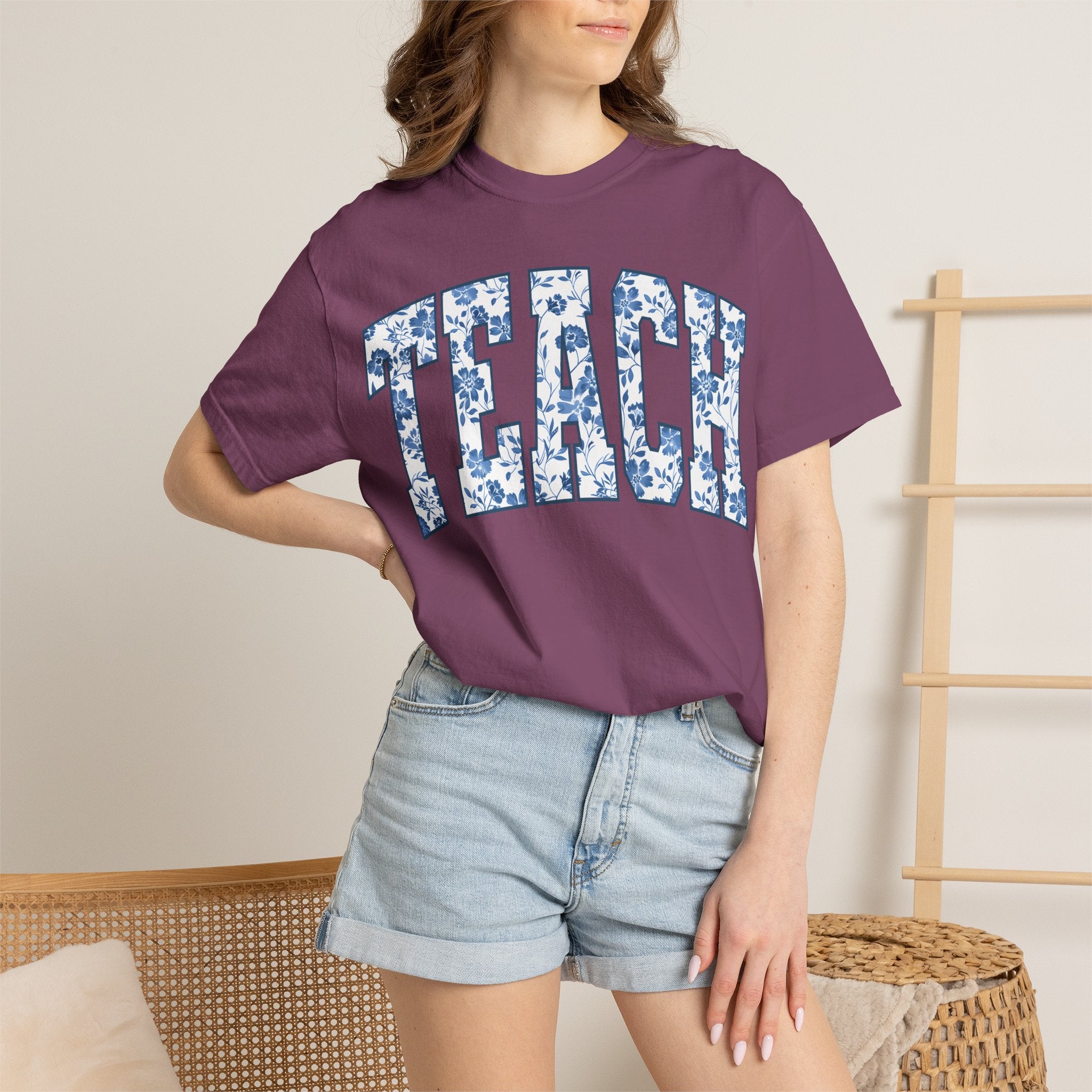 Teacher Floral Arch T-Shirt — 'TEACH' Blue Floral Print Tee