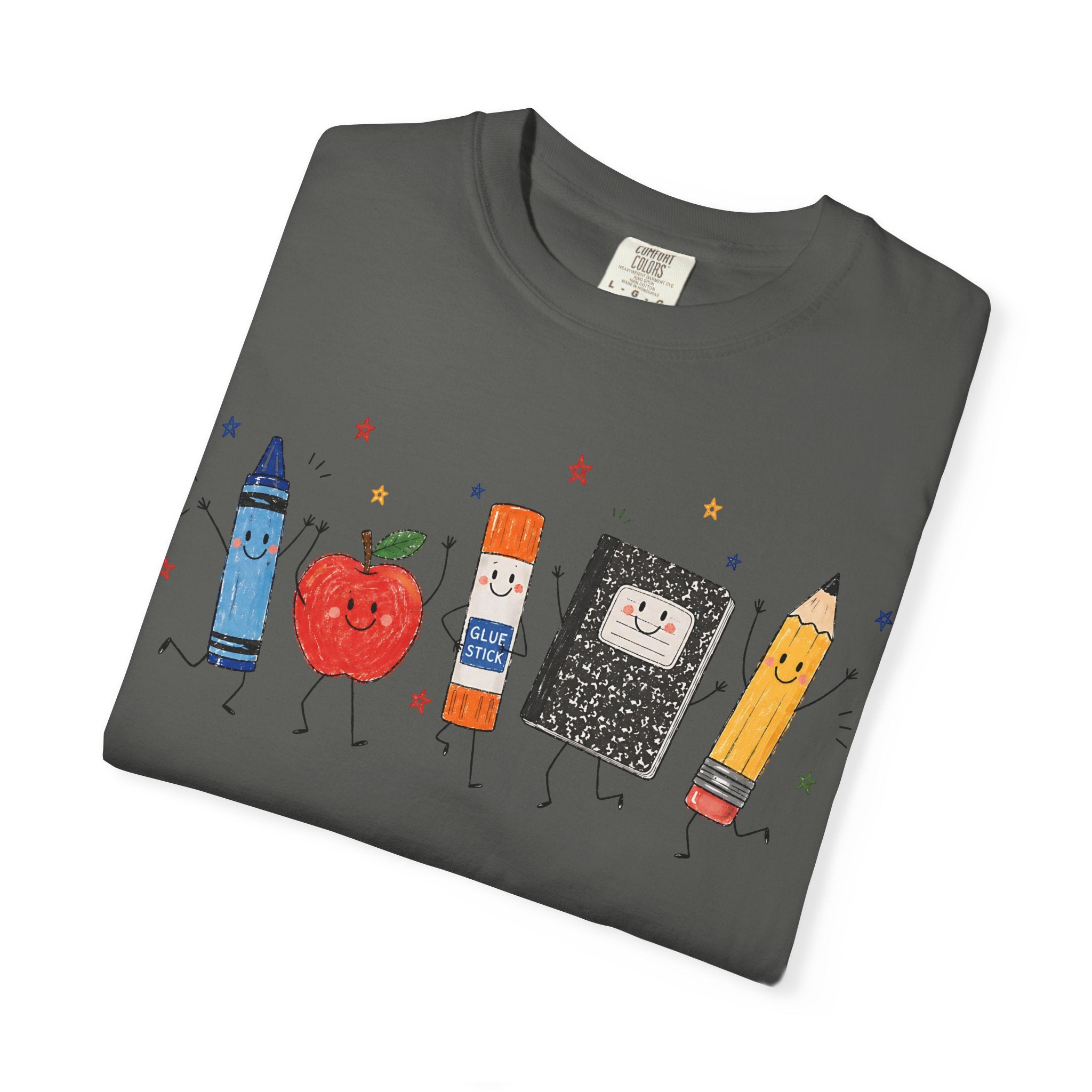 Cute School Supplies Teacher T-Shirt — Happy Apple, Crayon & Pencil Graphic Tee