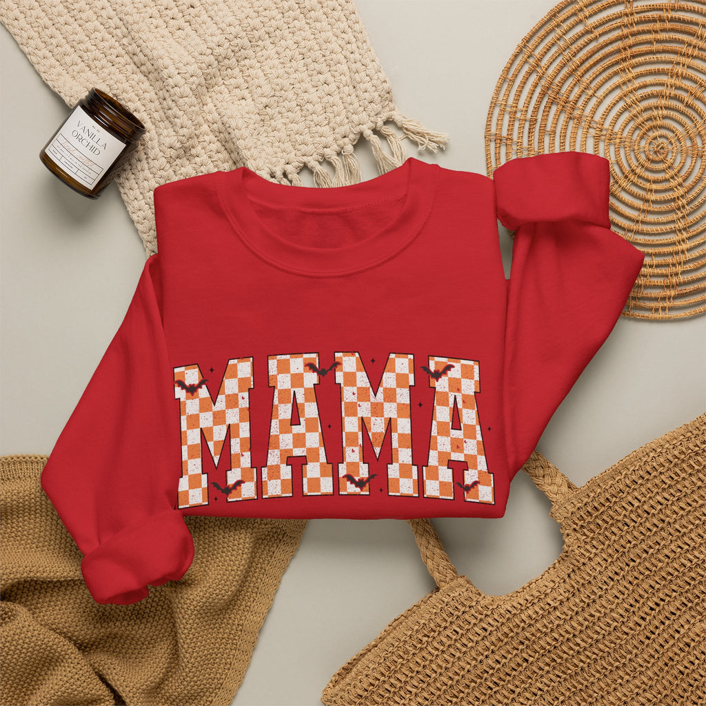 Mama Checkerboard Halloween Sweatshirt – Retro Orange Plaid Mama Pullover