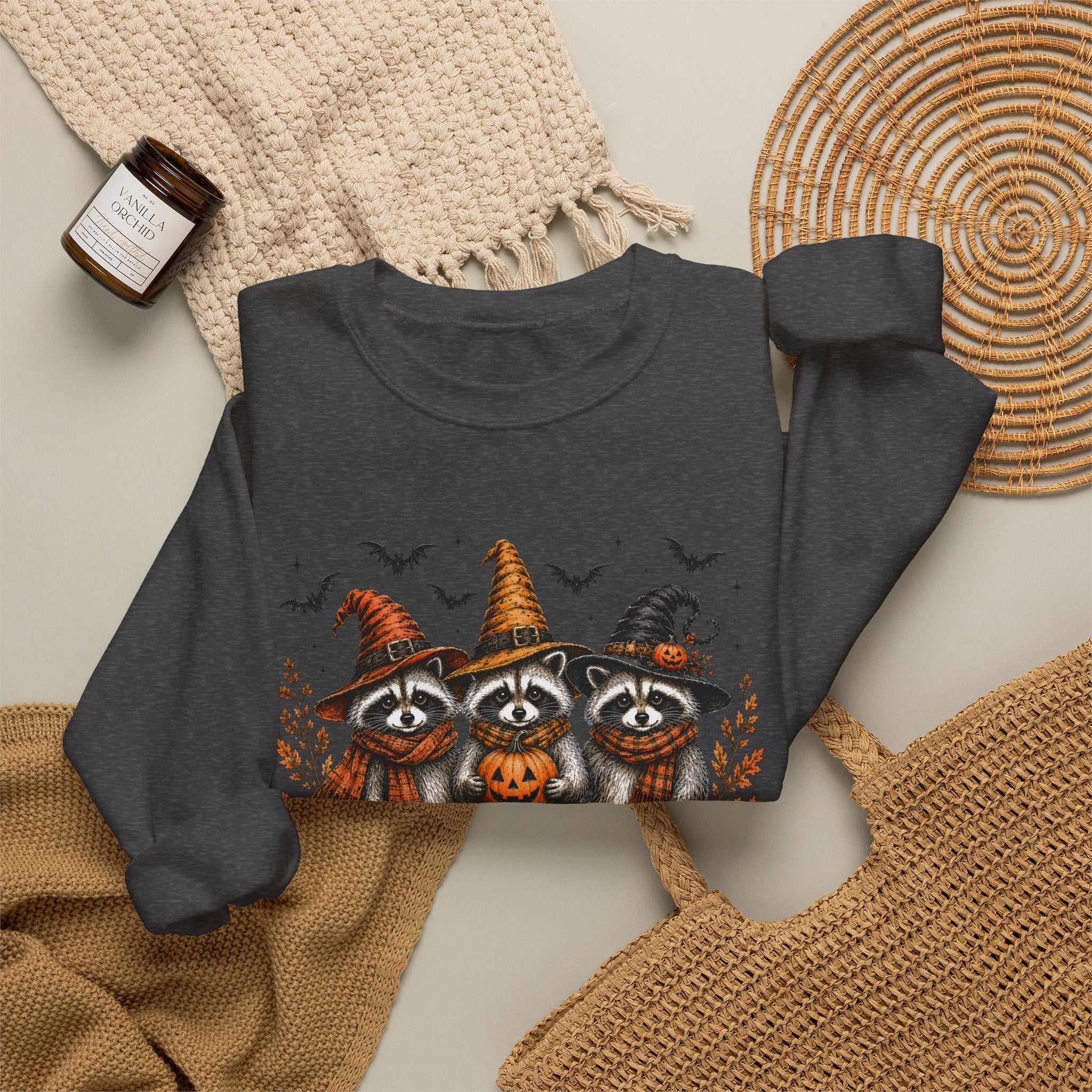 Halloween Raccoon Crewneck Sweatshirt — Cute Witch Hats & Pumpkin Design