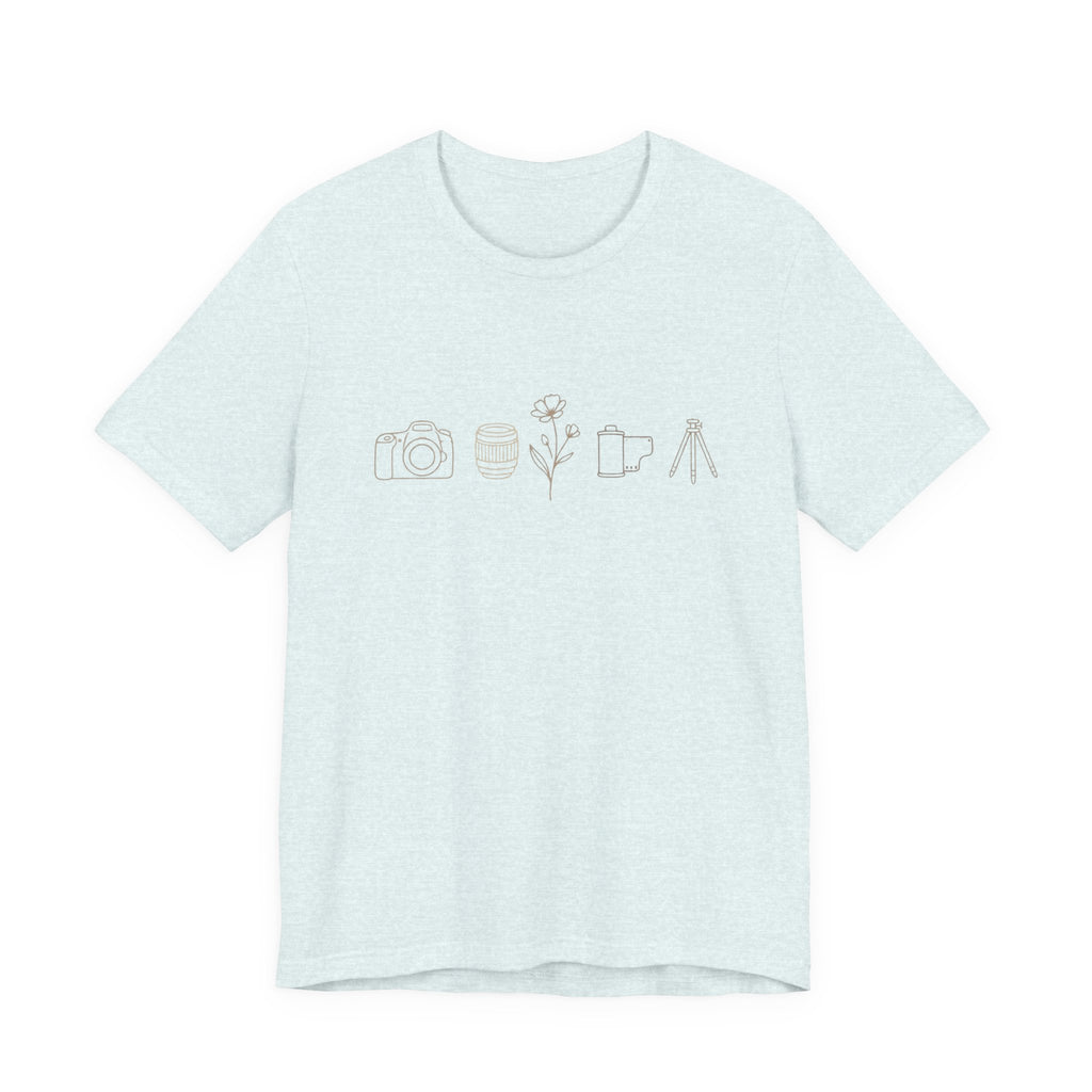 Photography Icons Tee — Minimal Camera, Film, Flower & Tripod Graphic Shirt