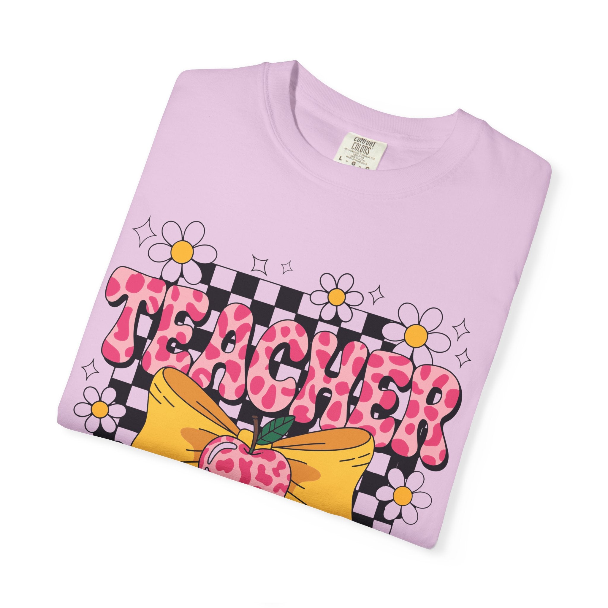 Teacher Floral Bow T‑Shirt — Cute Checkerboard & Heart Design for Educators