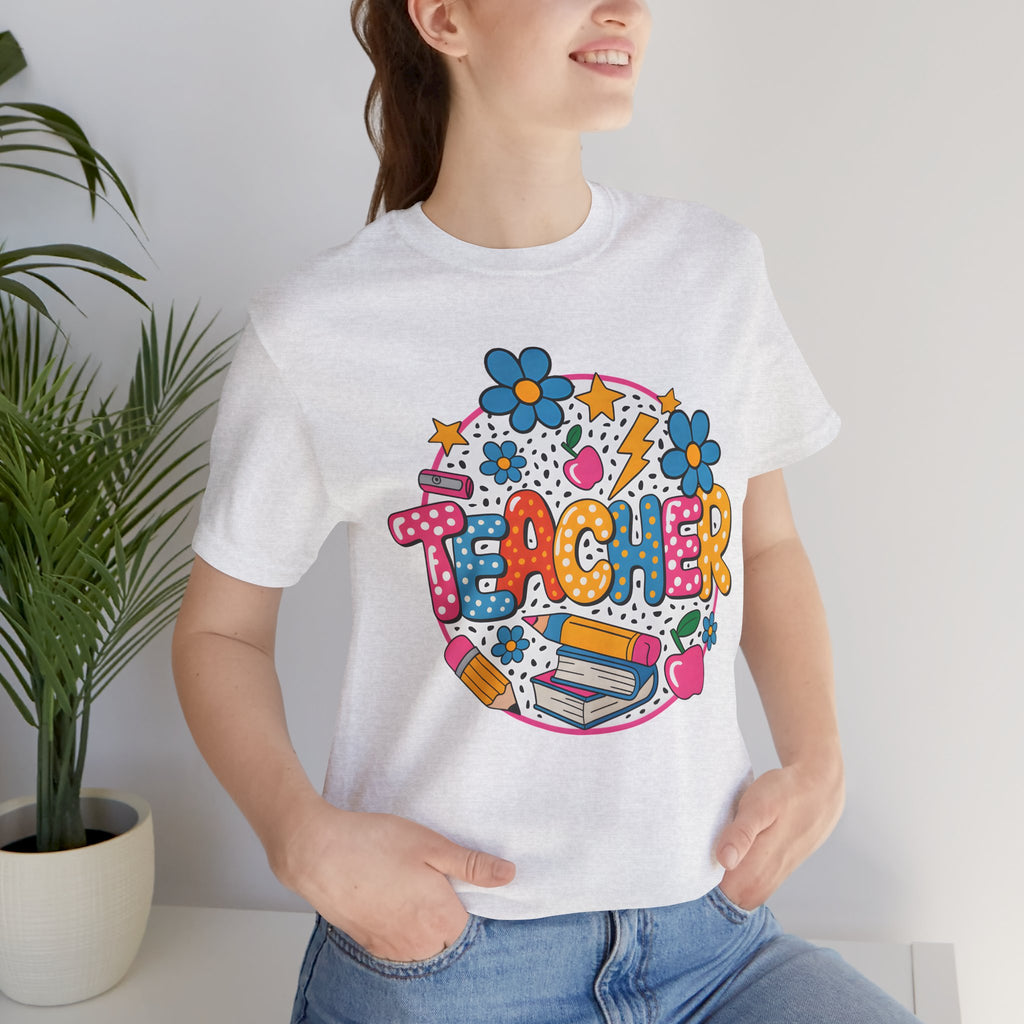 Teacher Doodle Graphic Tee — Colorful School Supplies Design