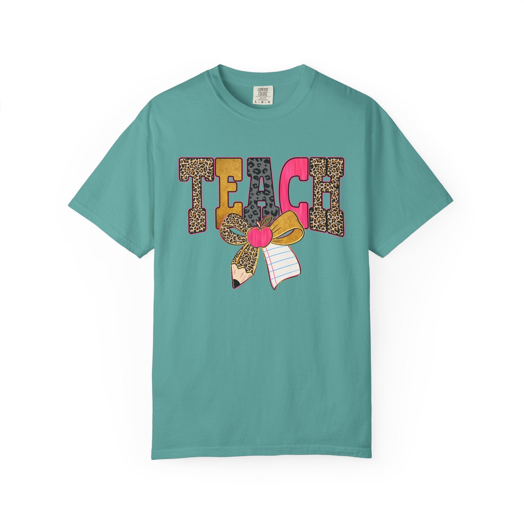 Teacher Graphic Tee — 'TEACH' Leopard Print Pencil Bow Design