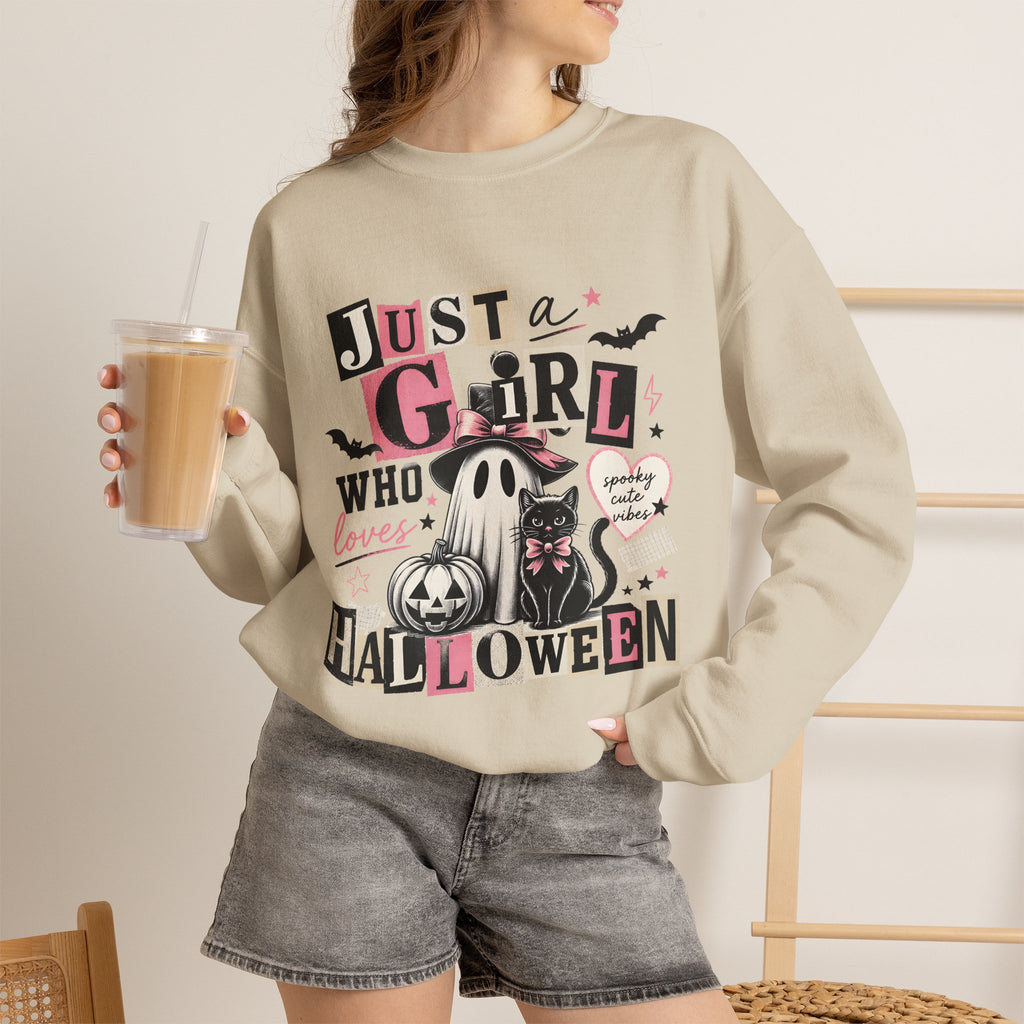 Halloween Sweatshirt — "Just a Girl Who Loves Halloween" Cute Ghost & Pumpkin Crewneck
