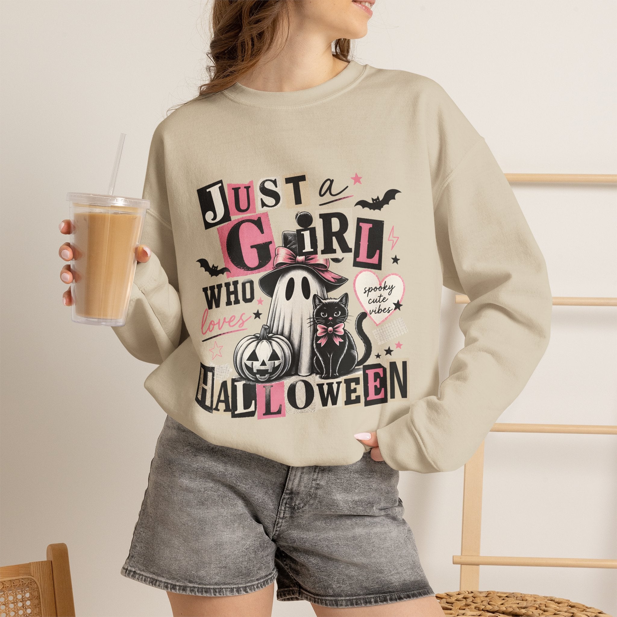 Halloween Sweatshirt — "Just a Girl Who Loves Halloween" Cute Ghost & Pumpkin Crewneck