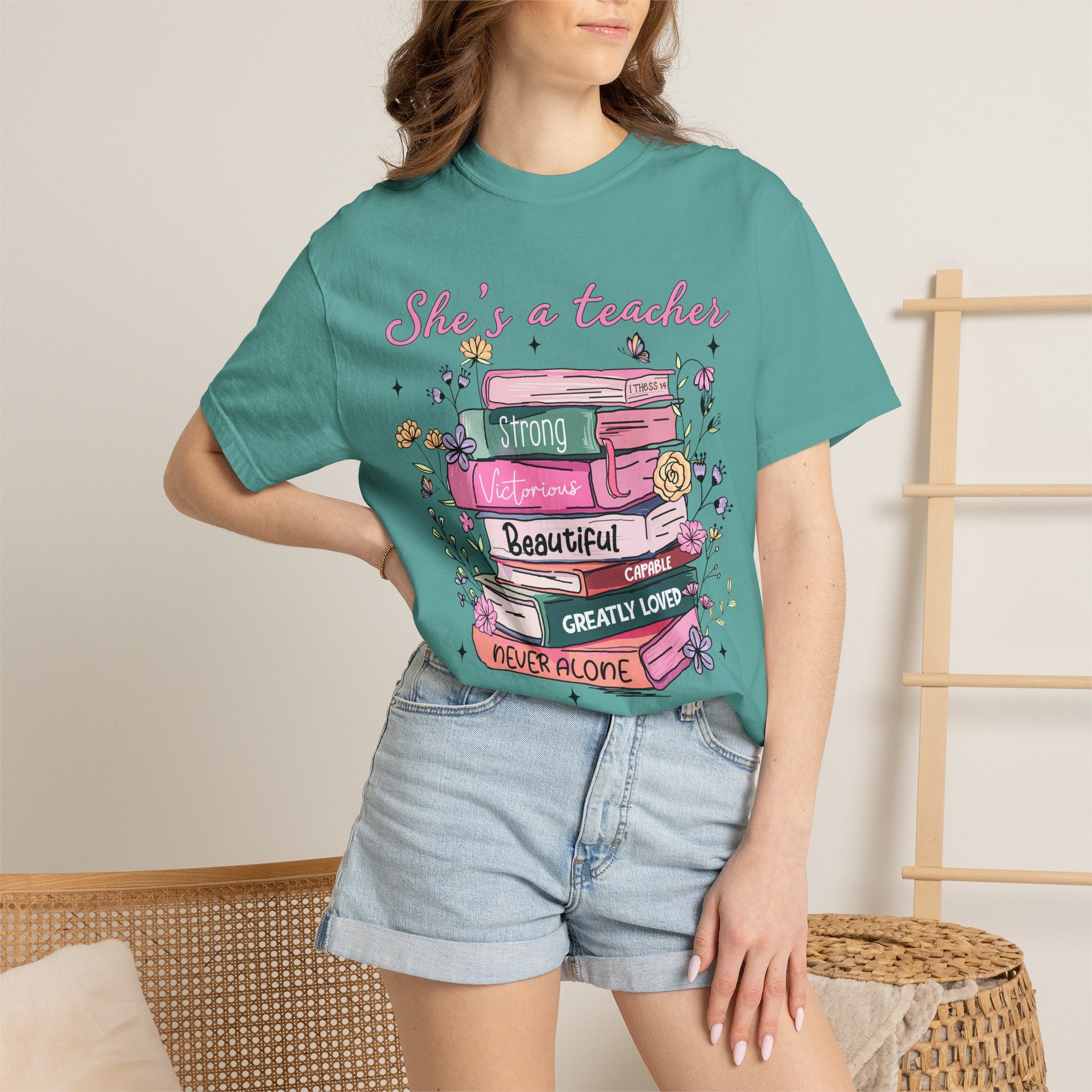Teacher Appreciation T-Shirt — "She's a Teacher" Floral Stack Design