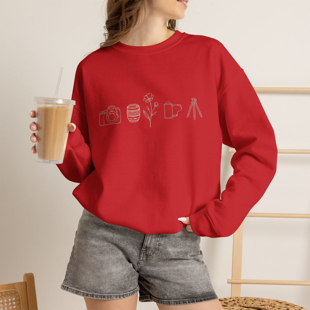 Photography Icons Crewneck Sweatshirt — Minimal Camera, Lens, Film & Tripod Design
