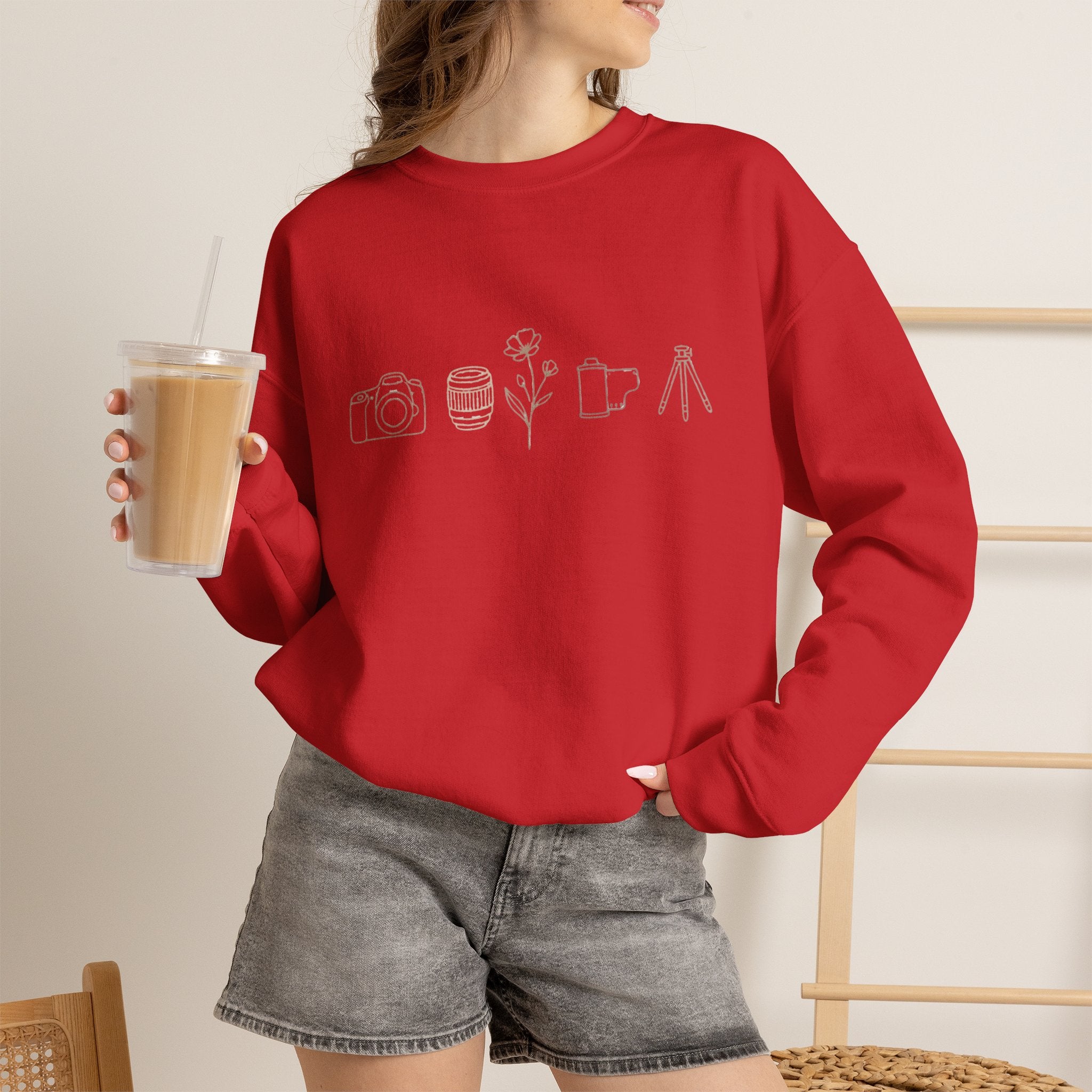 Photography Icons Crewneck Sweatshirt — Minimal Camera, Lens, Film & Tripod Design