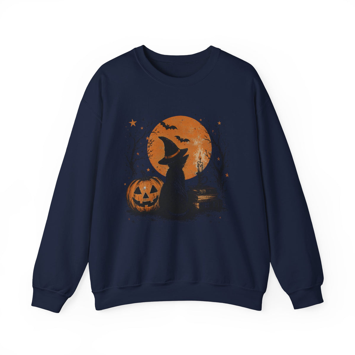 Crewneck Sweatshirt — Halloween Cat Witch Moon Graphic