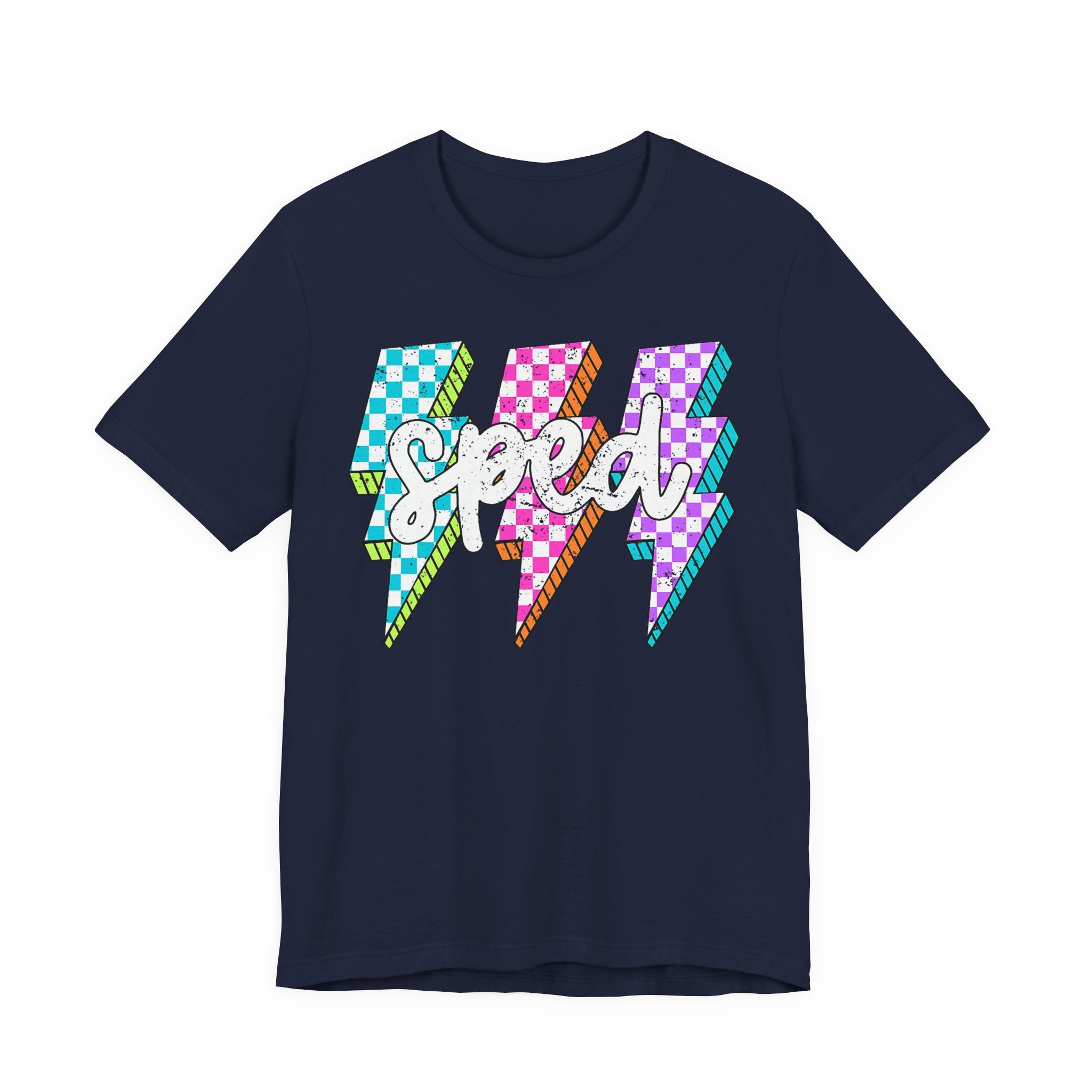 Speed Lightning Tee — Retro Checkerboard Bolt Graphic T-Shirt