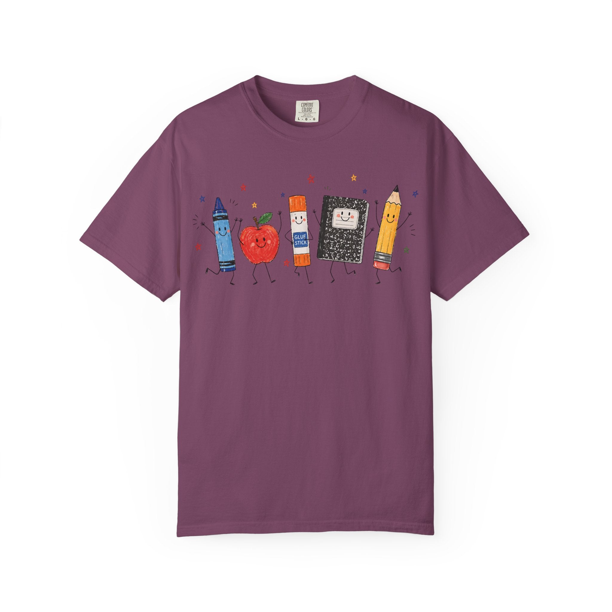 Cute School Supplies Teacher T-Shirt — Happy Apple, Crayon & Pencil Graphic Tee