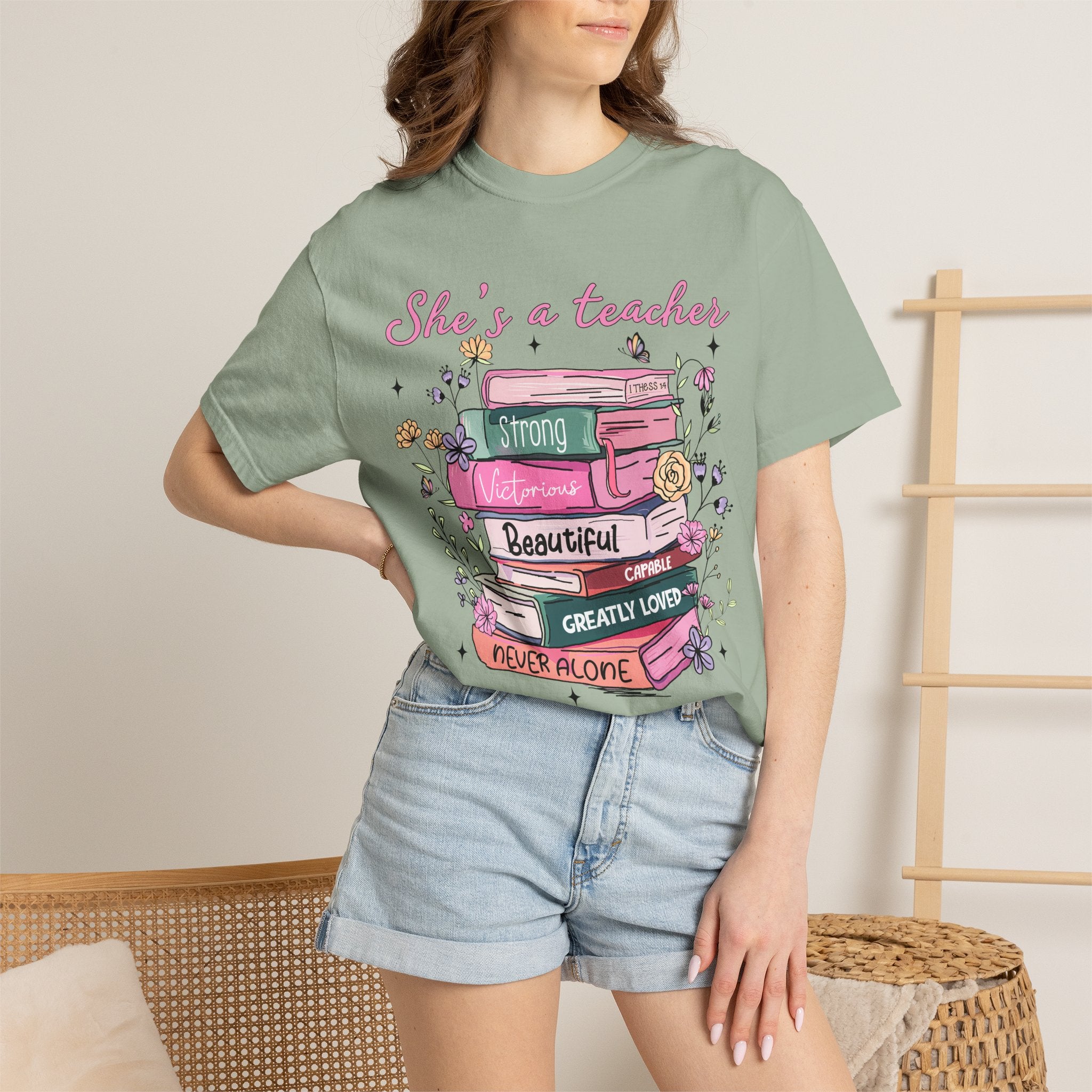 Teacher Appreciation T-Shirt — "She's a Teacher" Floral Stack Design