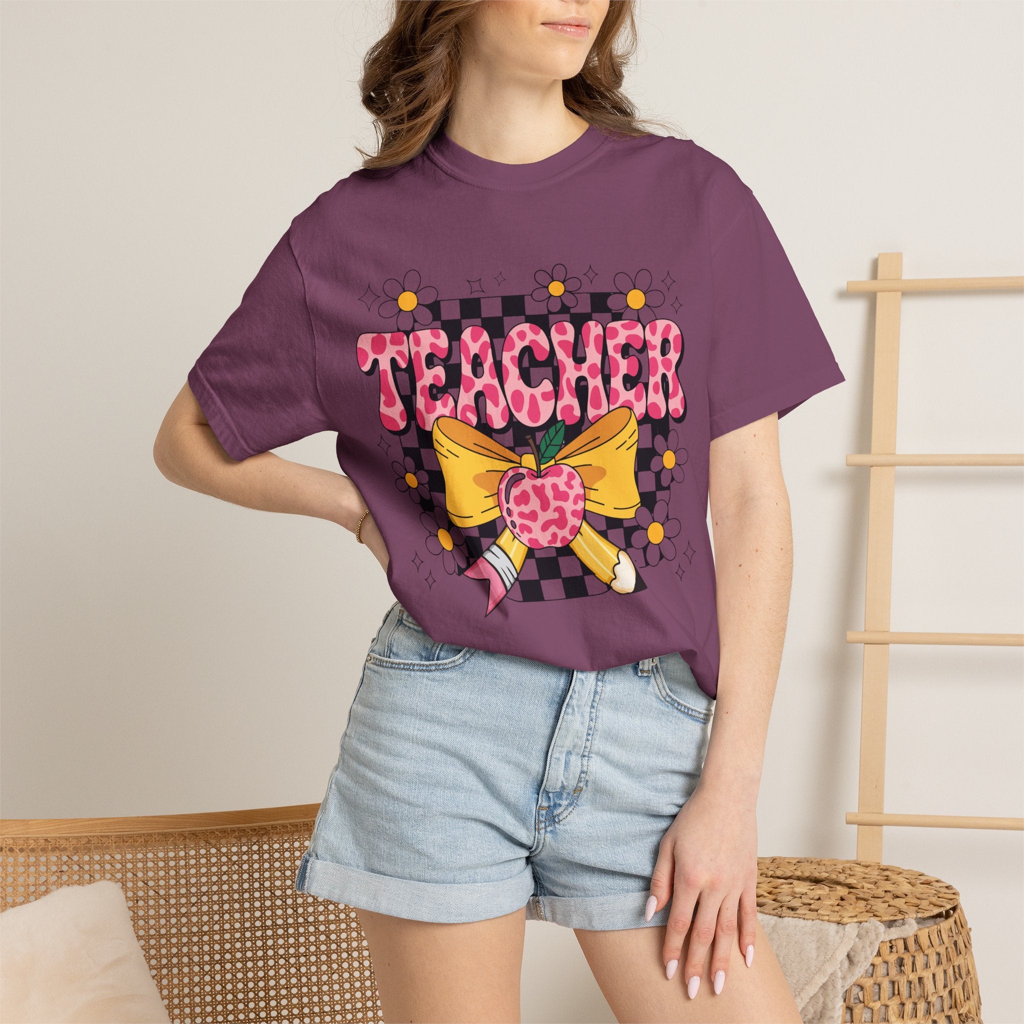 Teacher Floral Bow T‑Shirt — Cute Checkerboard & Heart Design for Educators