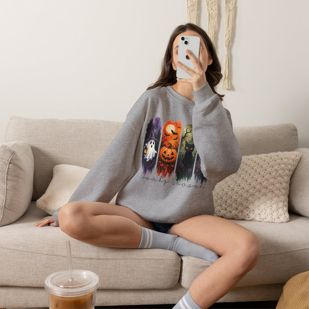 Halloween Seasons Crewneck Sweatshirt — Spooky Ghost, Jack-o'-Lantern & Haunted Night Design