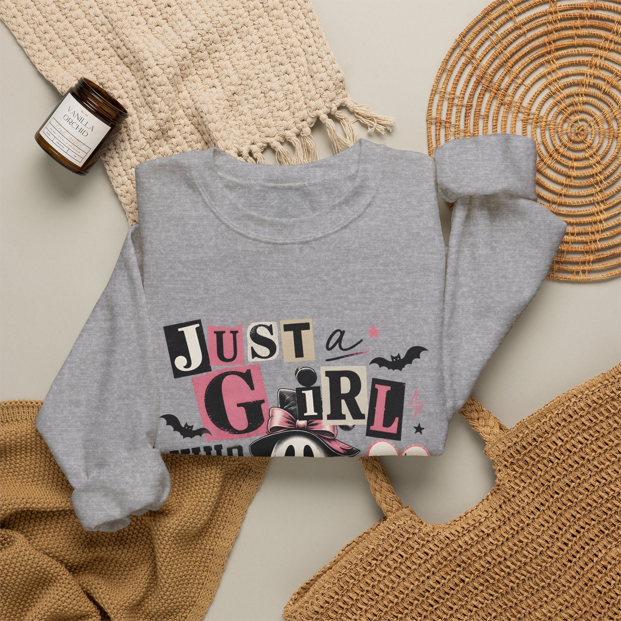 Halloween Sweatshirt — "Just a Girl Who Loves Halloween" Cute Ghost & Pumpkin Crewneck