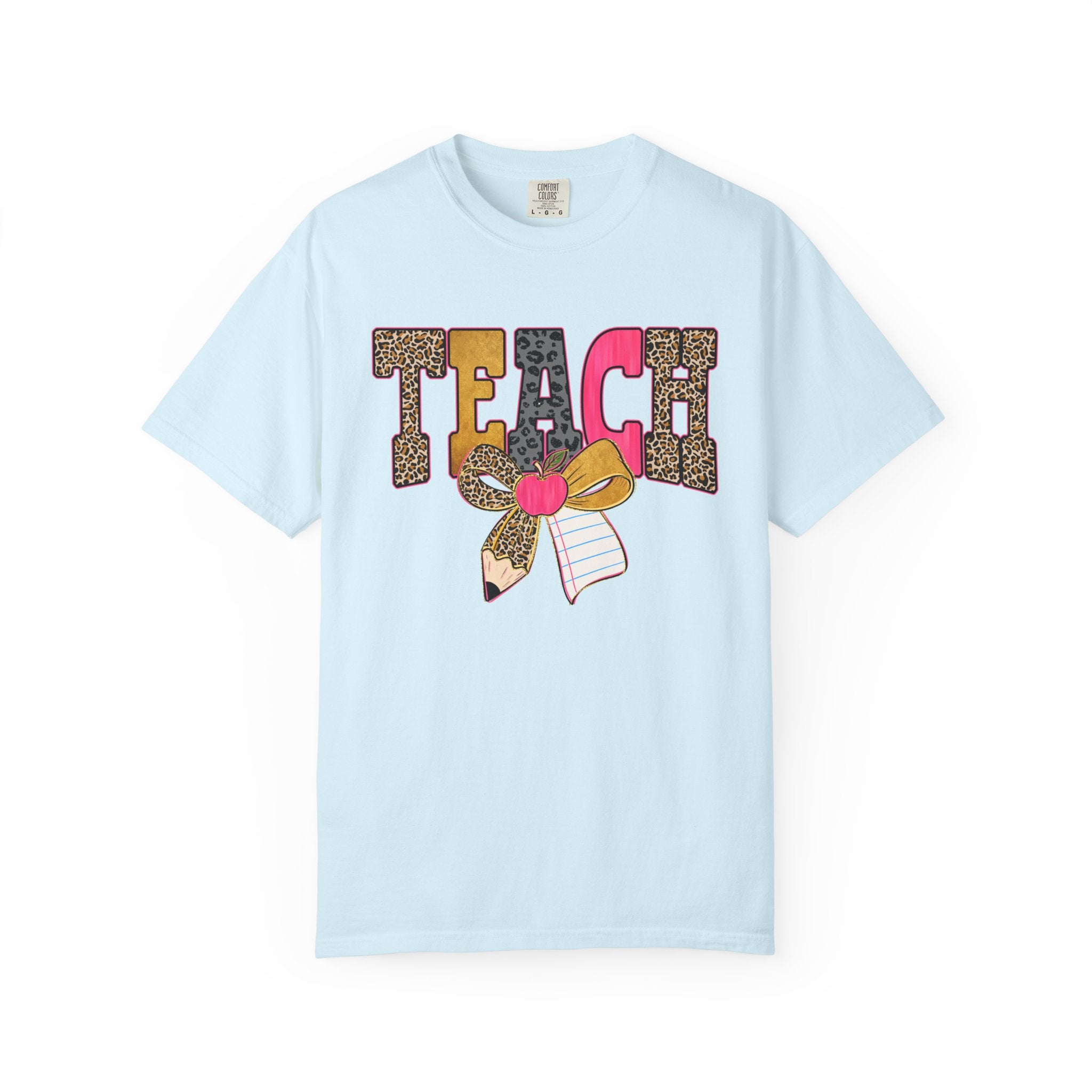 Teacher Graphic Tee — 'TEACH' Leopard Print Pencil Bow Design