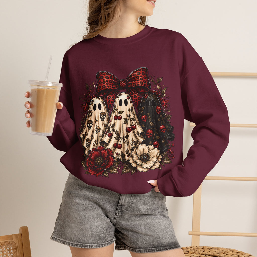 Ghost Trio Floral Crewneck Sweatshirt – Leopard Bow Halloween Pullover