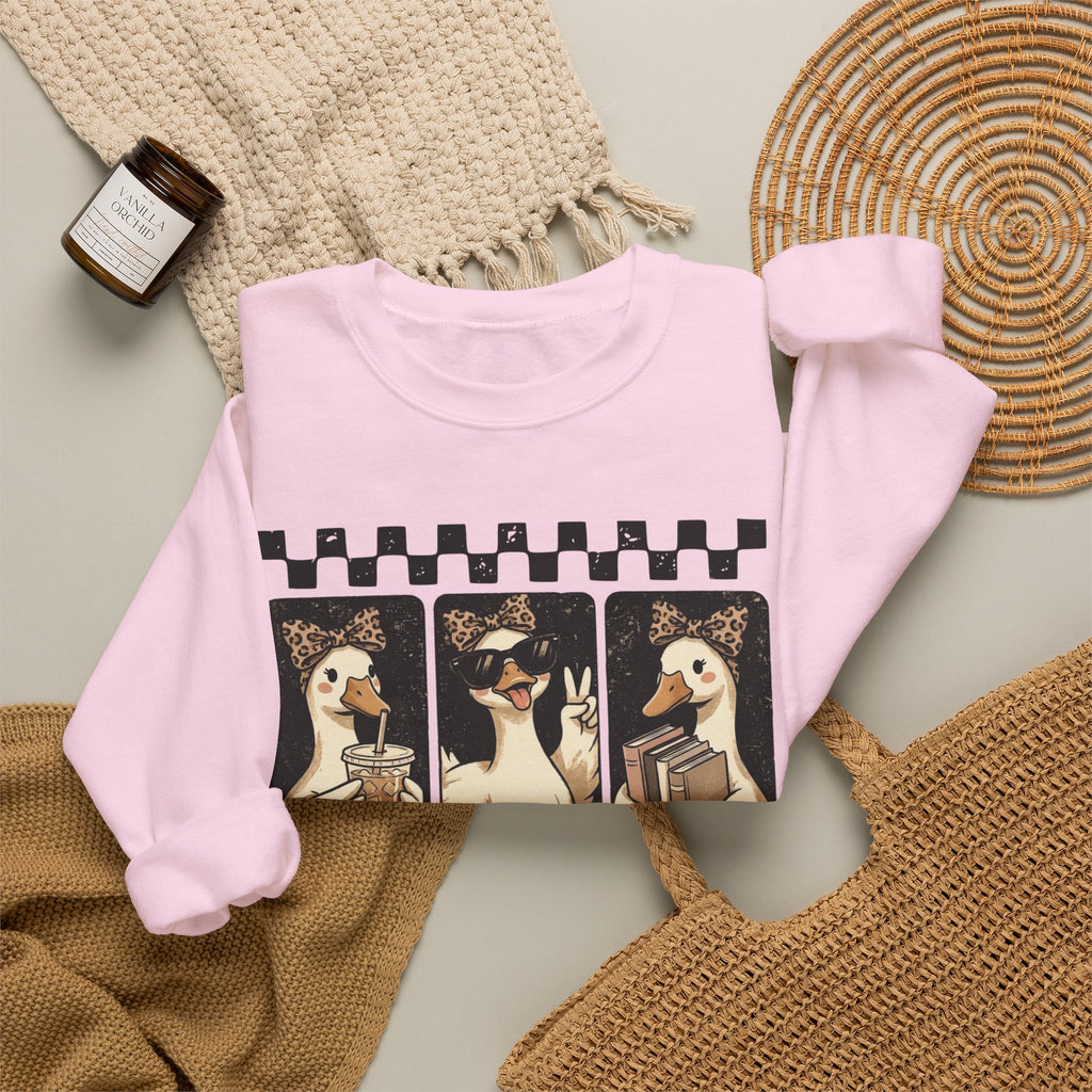 Duck Trio Crewneck Sweatshirt — Vintage Checkered Retro Goose Illustration
