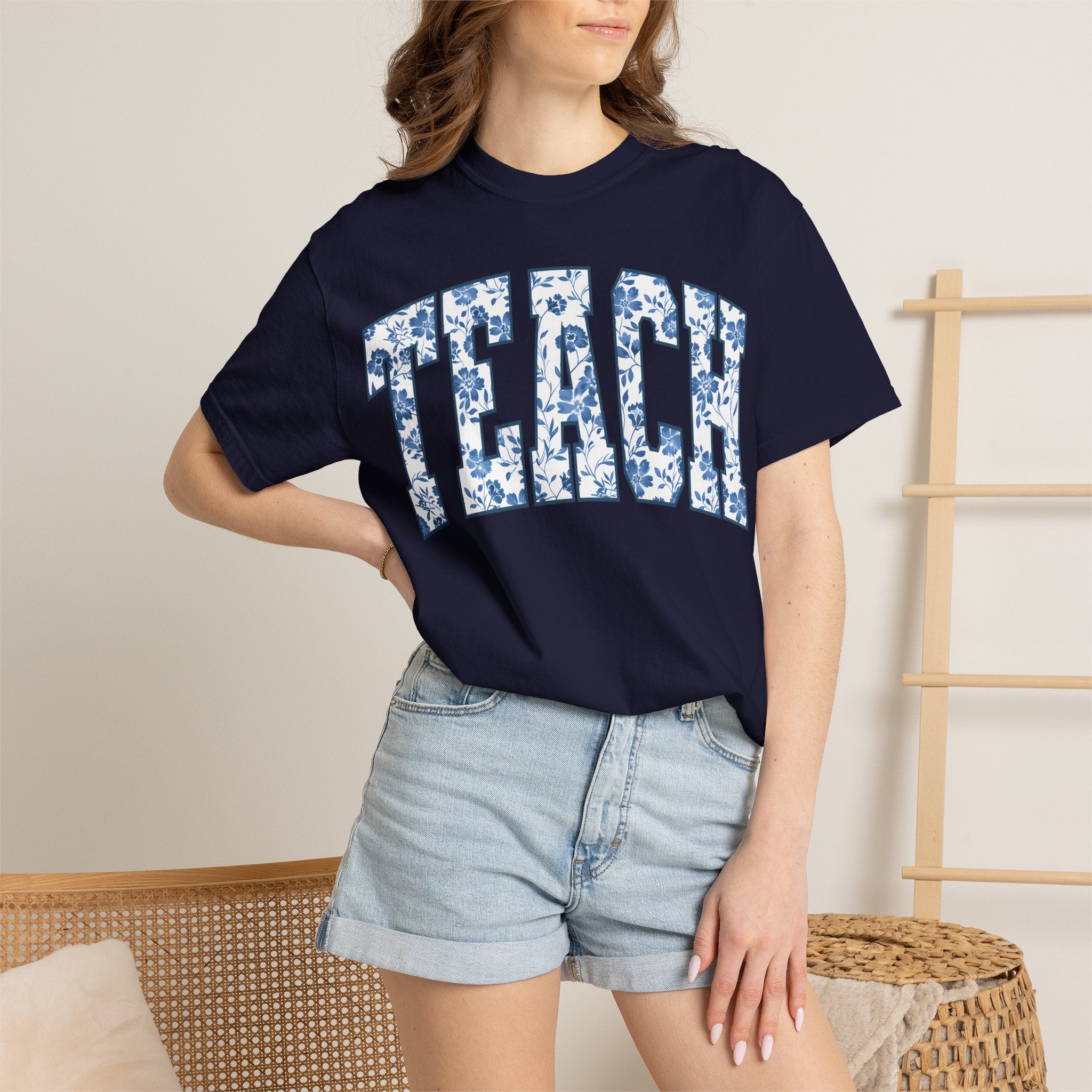 Teacher Floral Arch T-Shirt — 'TEACH' Blue Floral Print Tee