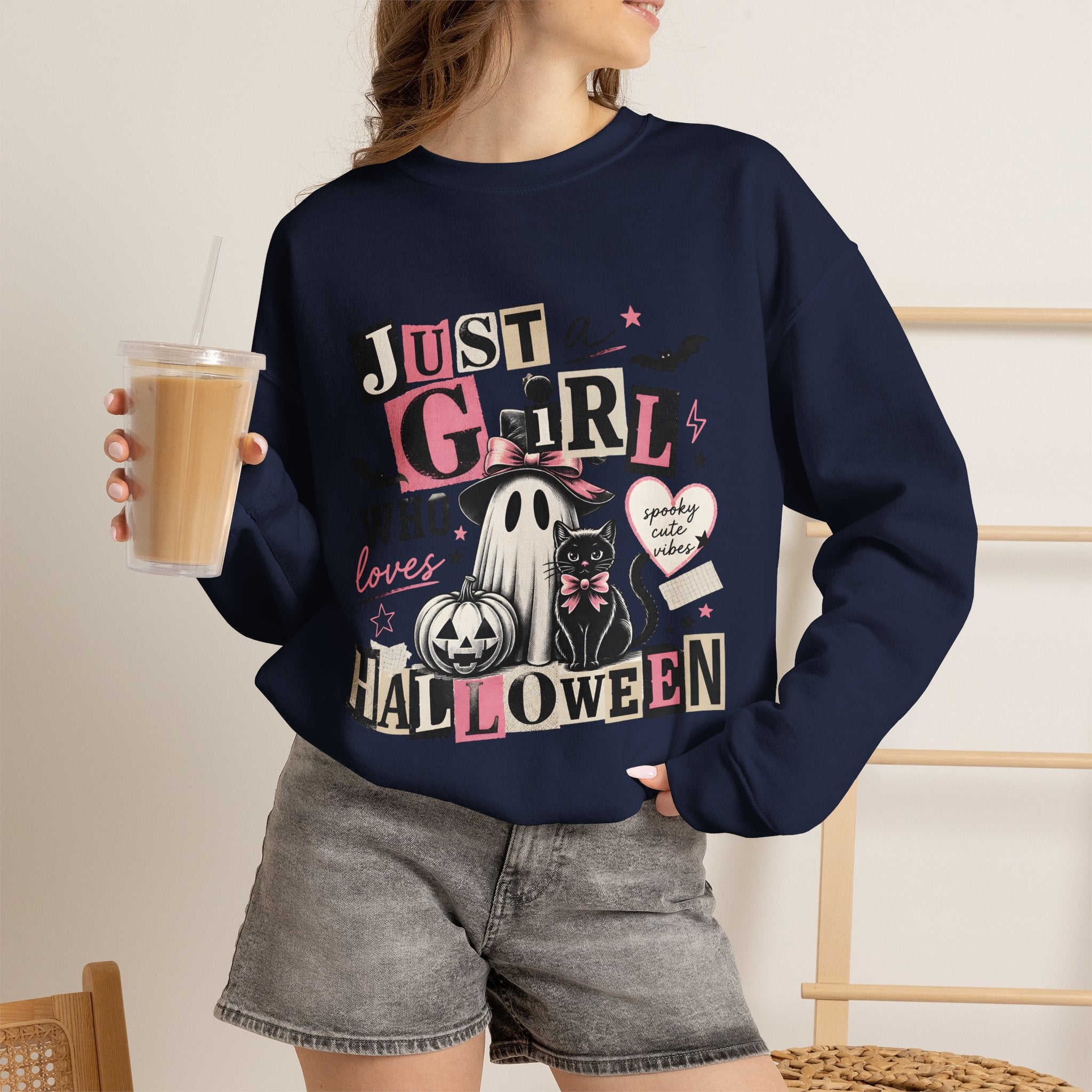 Halloween Sweatshirt — "Just a Girl Who Loves Halloween" Cute Ghost & Pumpkin Crewneck