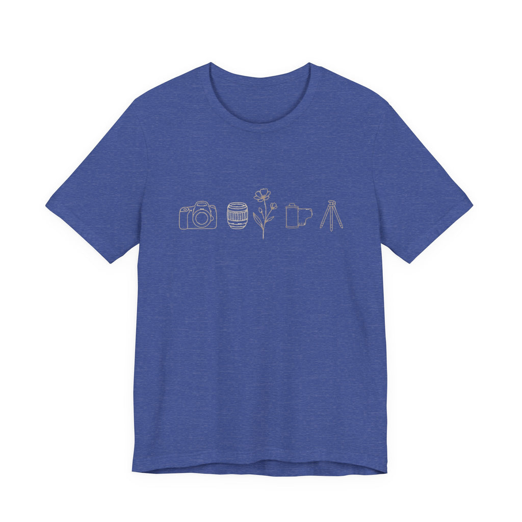 Photography Icons Tee — Minimal Camera, Film, Flower & Tripod Graphic Shirt