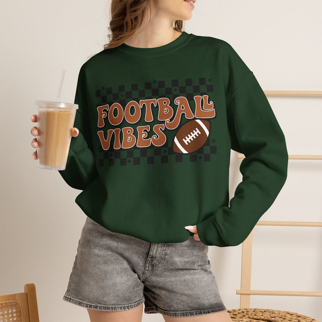 Football Vibes Crewneck Sweatshirt — Retro Checkerboard Football Graphic
