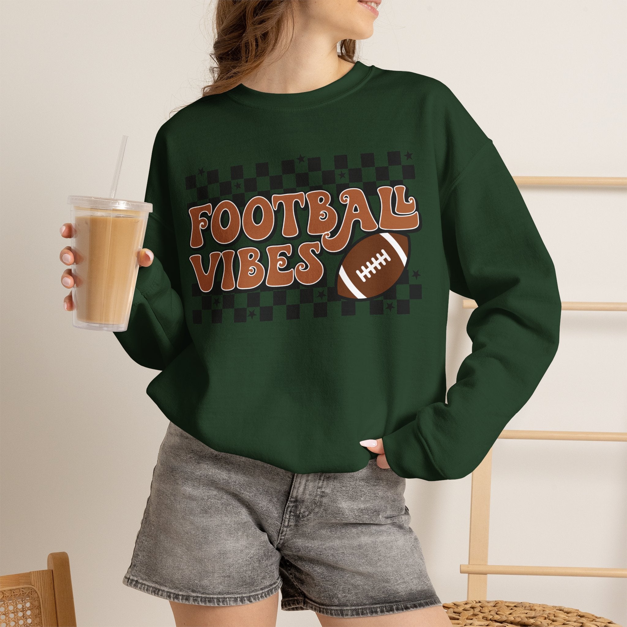Football Vibes Crewneck Sweatshirt — Retro Checkerboard Football Graphic
