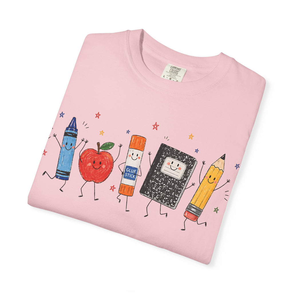 Cute School Supplies Teacher T-Shirt — Happy Apple, Crayon & Pencil Graphic Tee