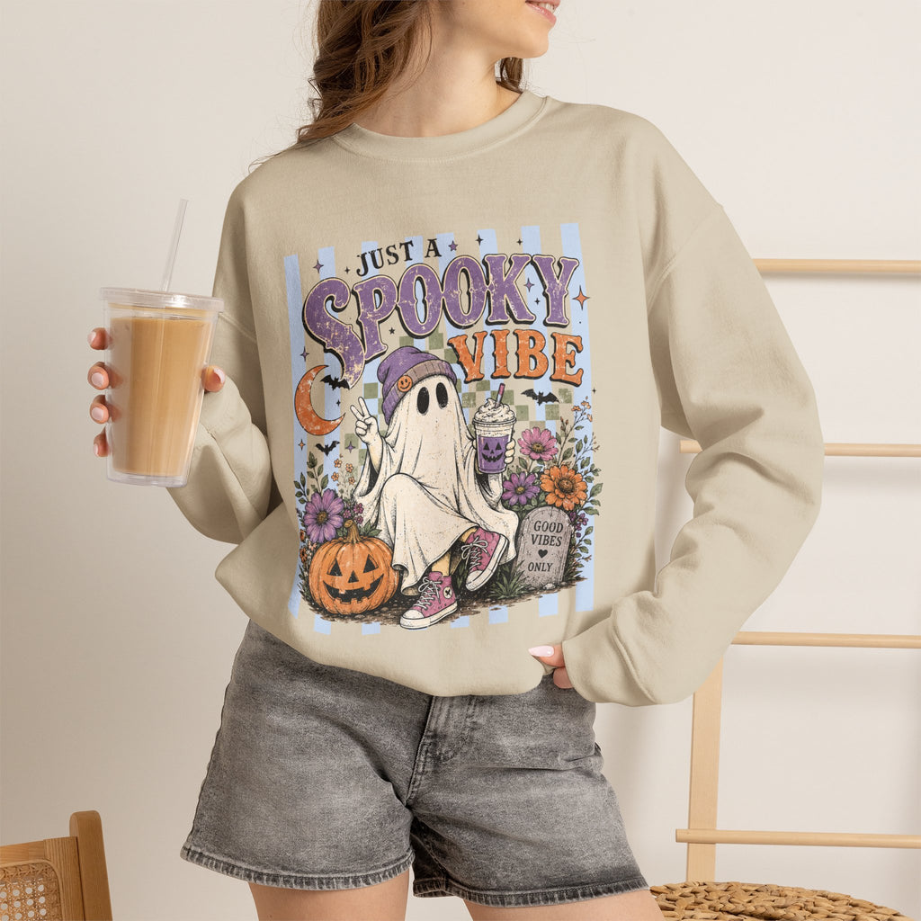 Spooky Vibe Crewneck Sweatshirt — Cute Halloween Ghost Pumpkin Graphic