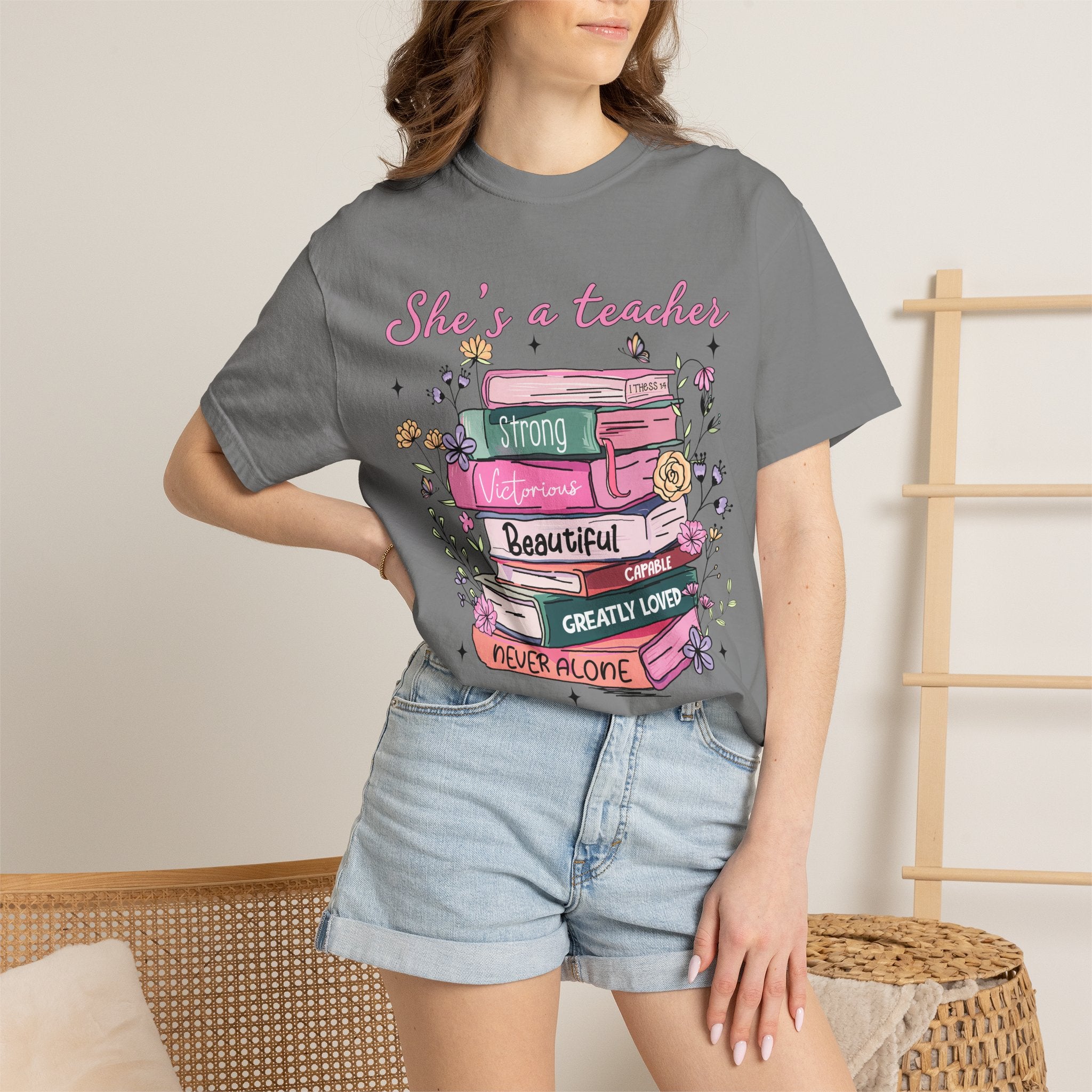 Teacher Appreciation T-Shirt — "She's a Teacher" Floral Stack Design
