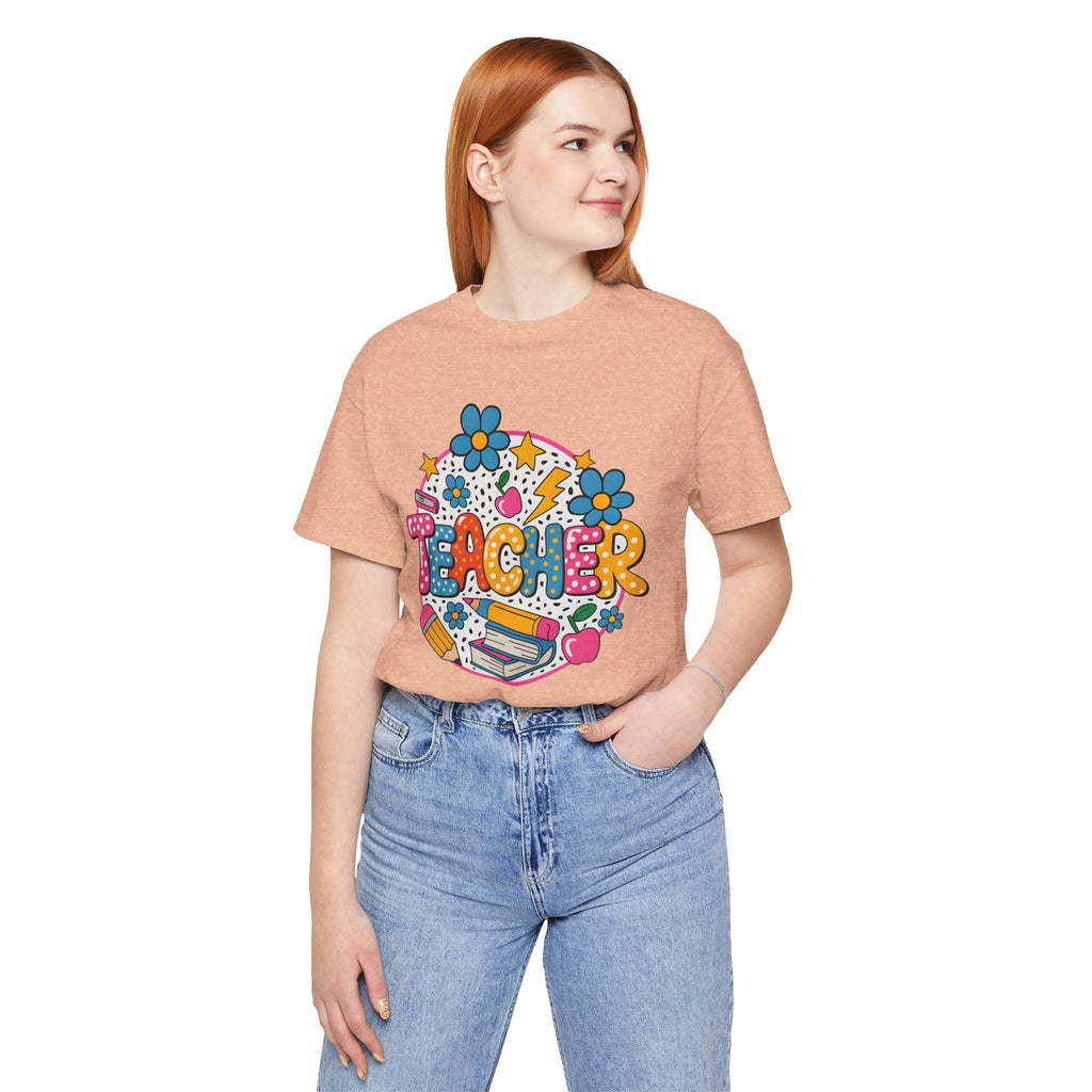 Teacher Doodle Graphic Tee — Colorful School Supplies Design