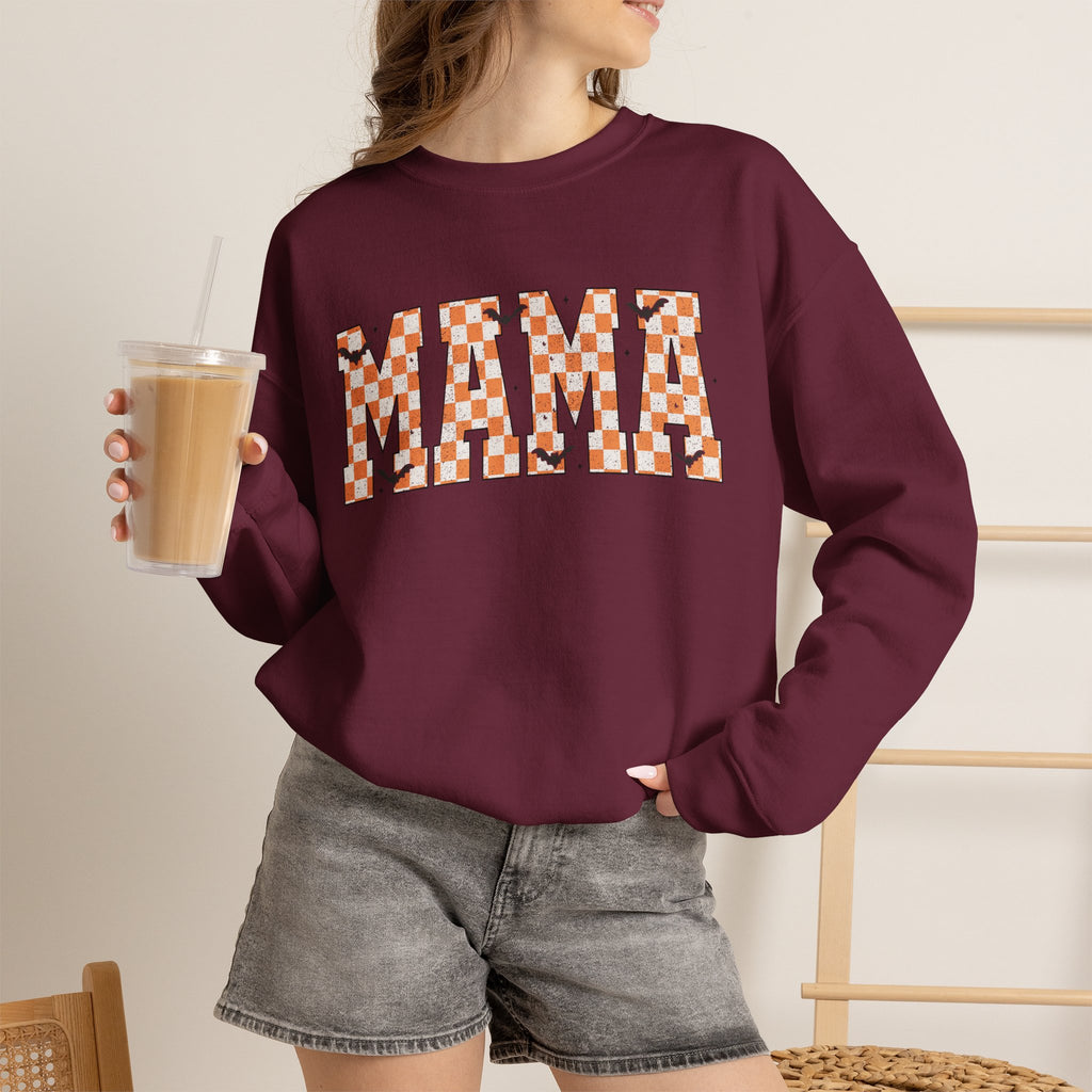 Mama Checkerboard Halloween Sweatshirt – Retro Orange Plaid Mama Pullover