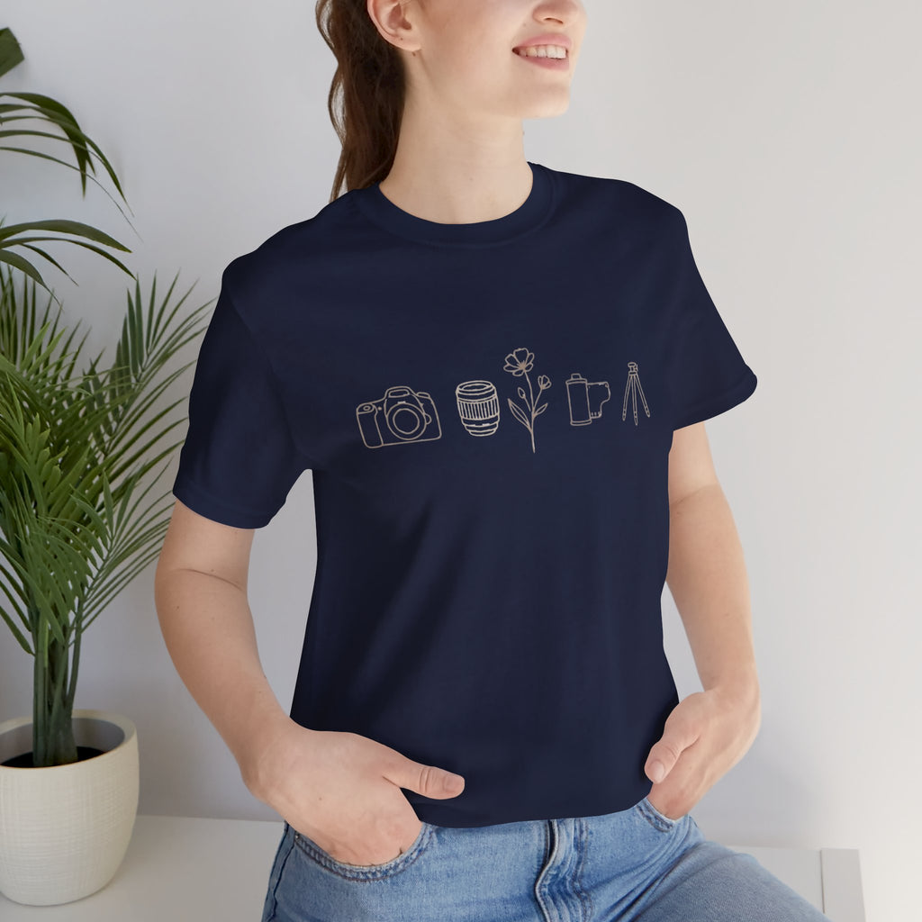 Photography Icons Tee — Minimal Camera, Film, Flower & Tripod Graphic Shirt