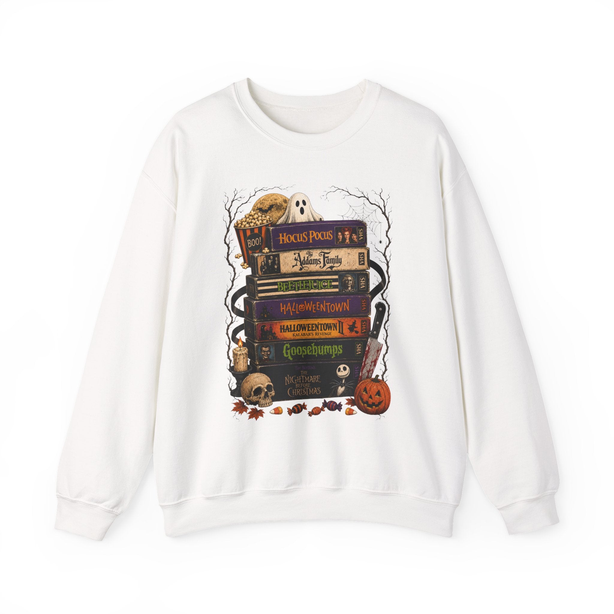 Halloween Book Stack Crewneck Sweatshirt — Spooky Classics Stack with Pumpkin & Skulls