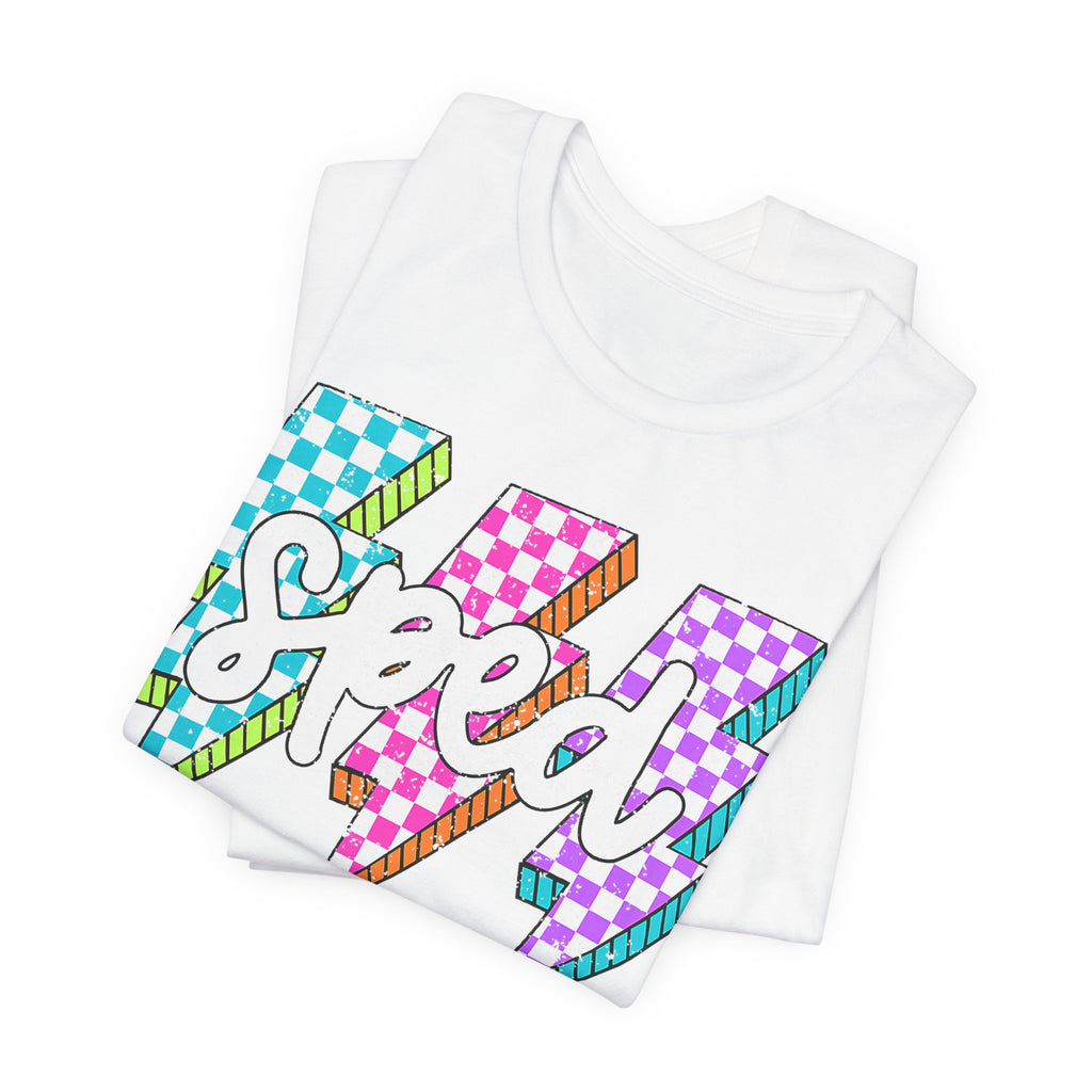 Speed Lightning Tee — Retro Checkerboard Bolt Graphic T-Shirt