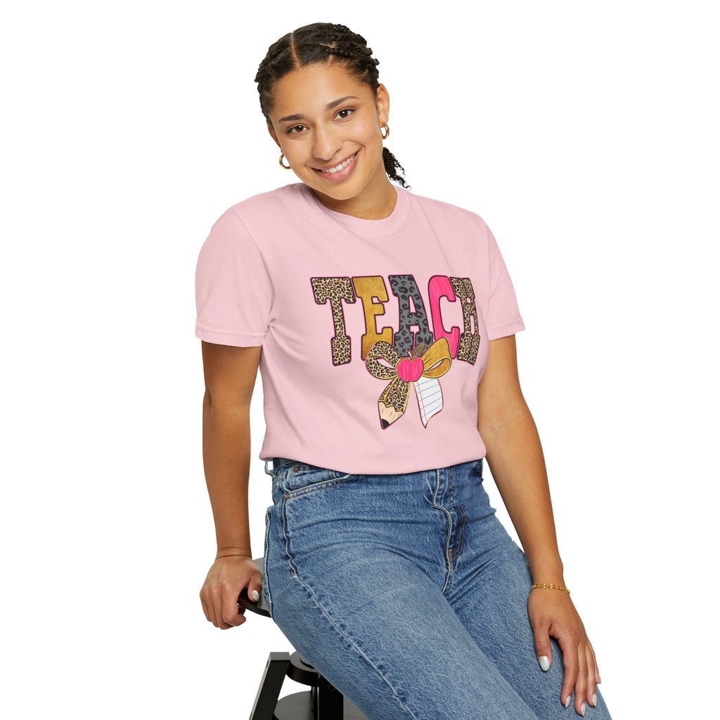 Teacher Graphic Tee — 'TEACH' Leopard Print Pencil Bow Design