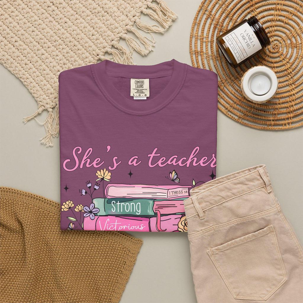 Teacher Appreciation T-Shirt — "She's a Teacher" Floral Stack Design