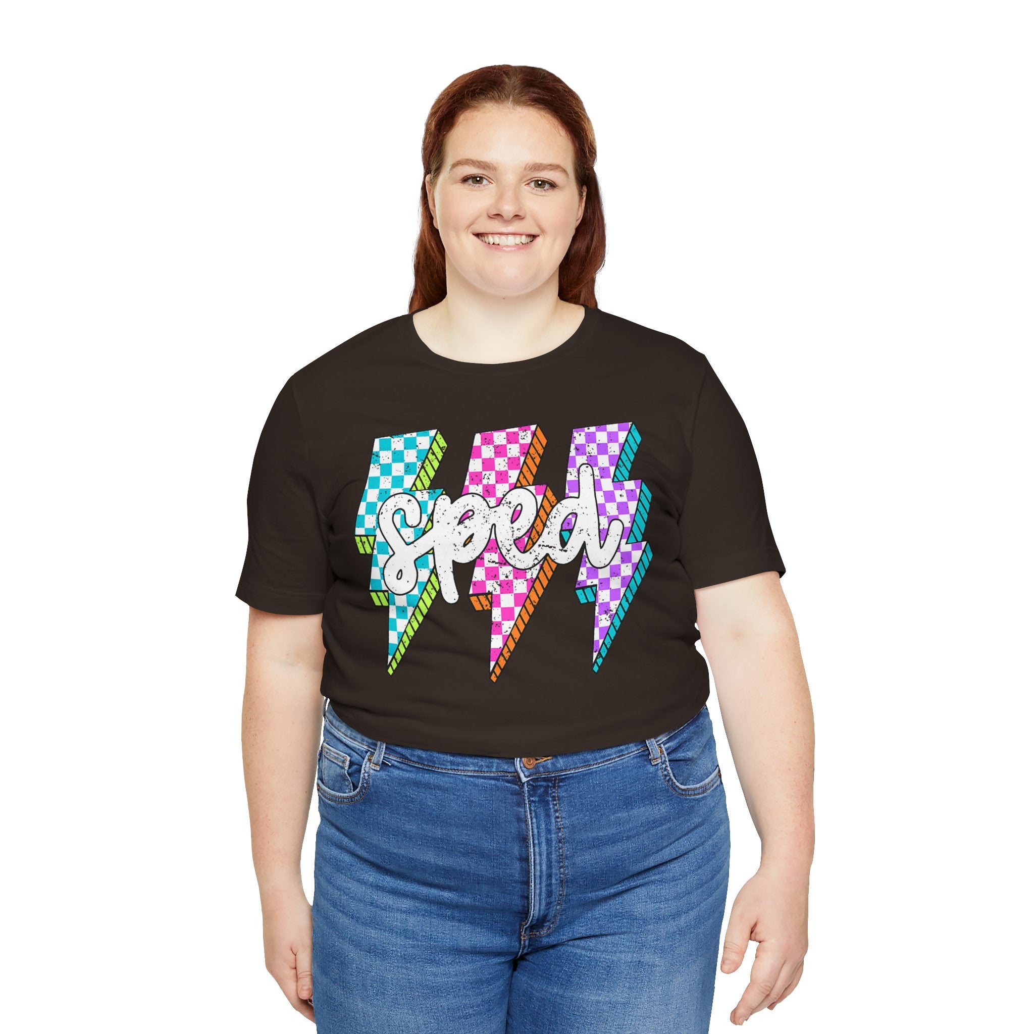 Speed Lightning Tee — Retro Checkerboard Bolt Graphic T-Shirt