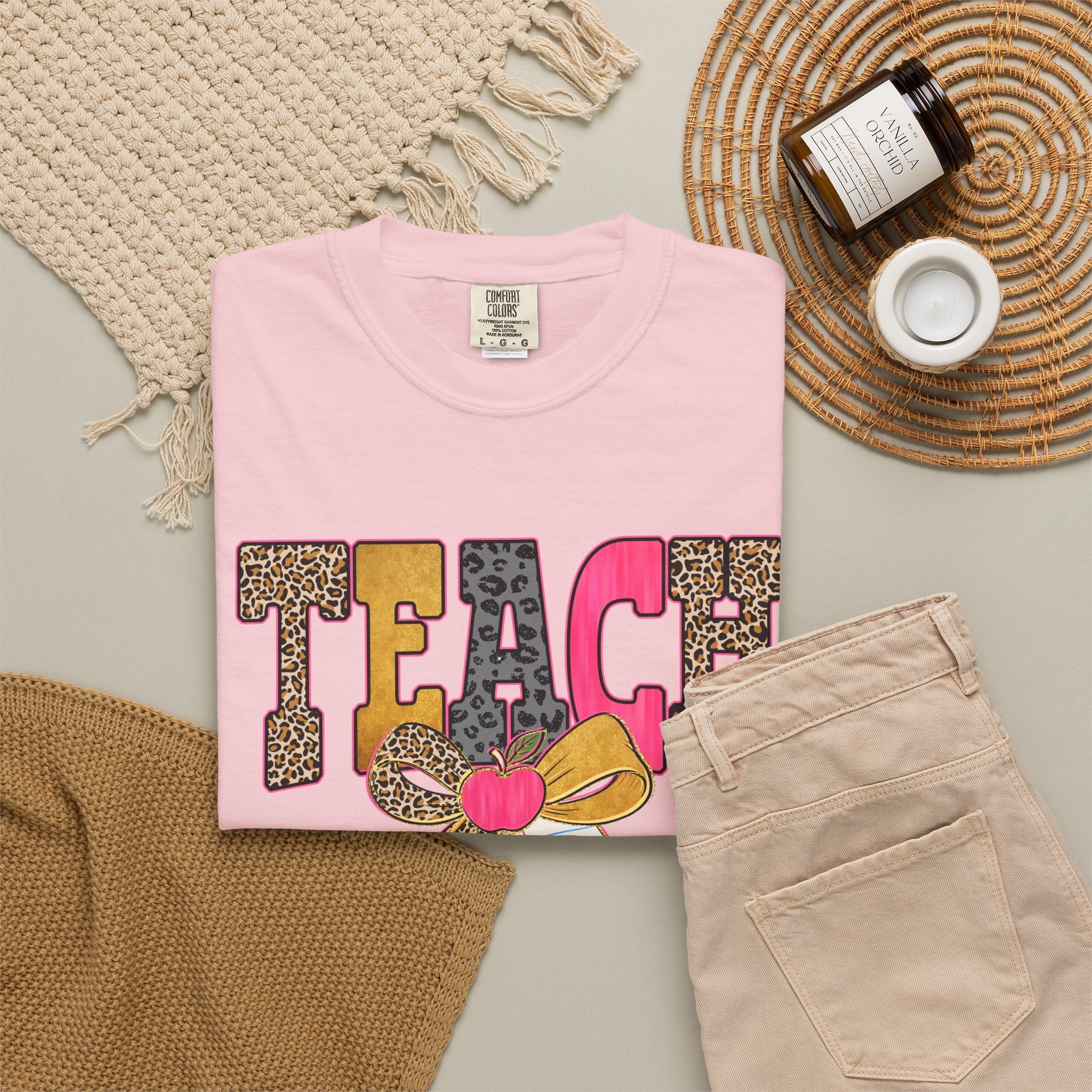 Teacher Graphic Tee — 'TEACH' Leopard Print Pencil Bow Design