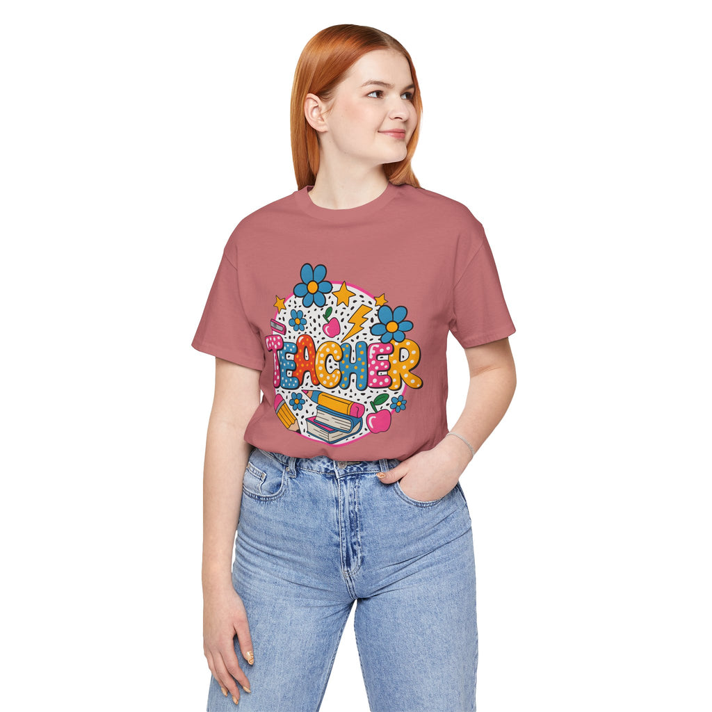 Teacher Doodle Graphic Tee — Colorful School Supplies Design