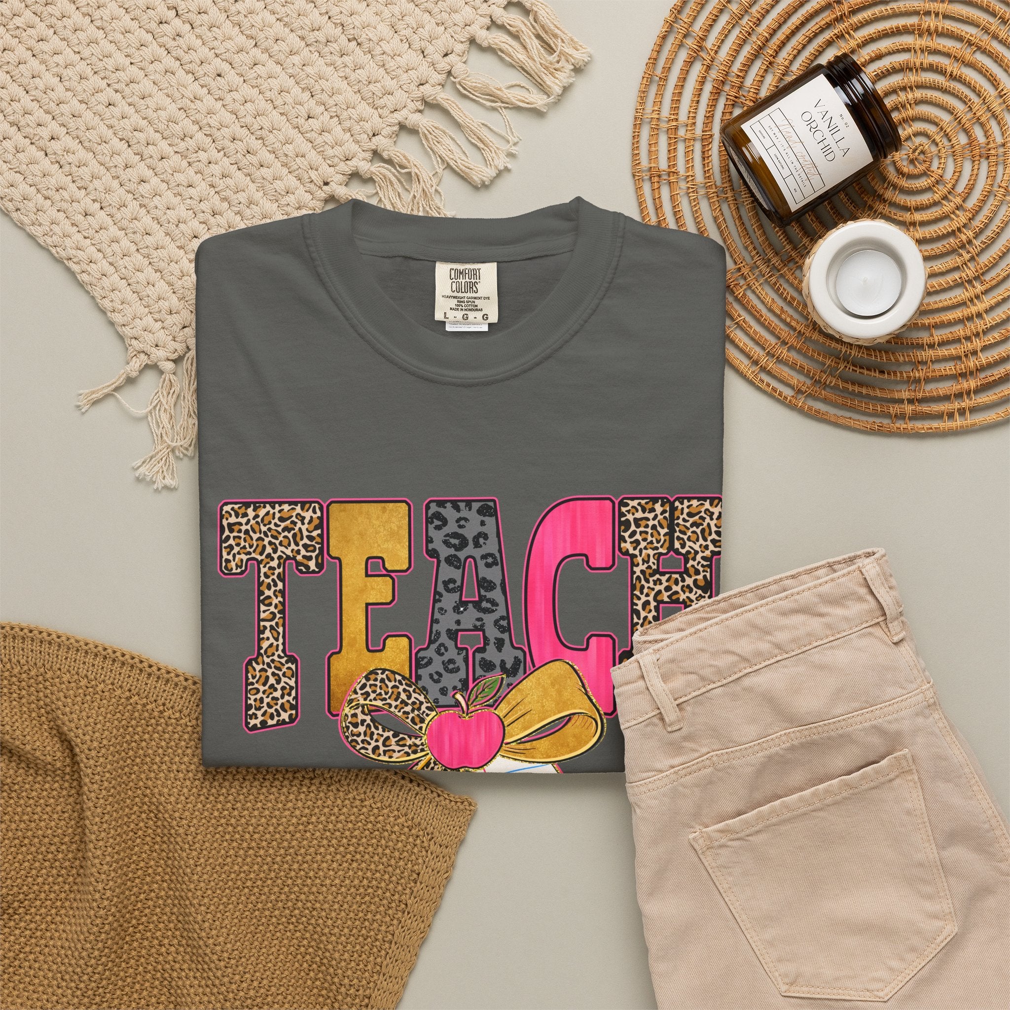Teacher Graphic Tee — 'TEACH' Leopard Print Pencil Bow Design