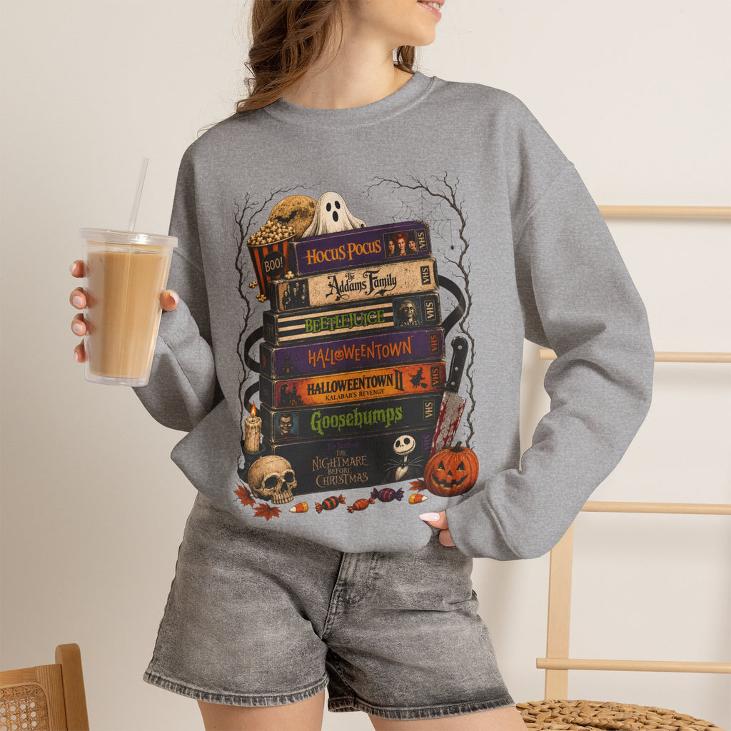 Halloween Book Stack Crewneck Sweatshirt — Spooky Classics Stack with Pumpkin & Skulls
