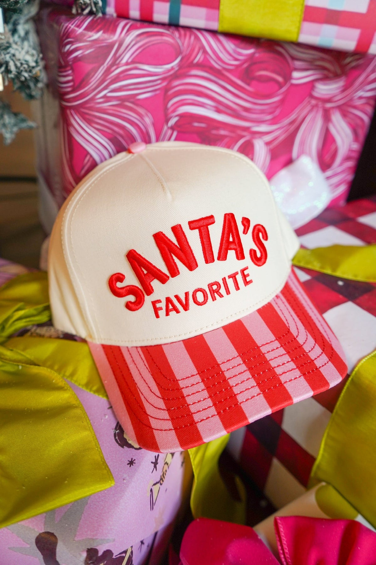 Santa's Favorite - Pink & Red Stripe Trucker Hat